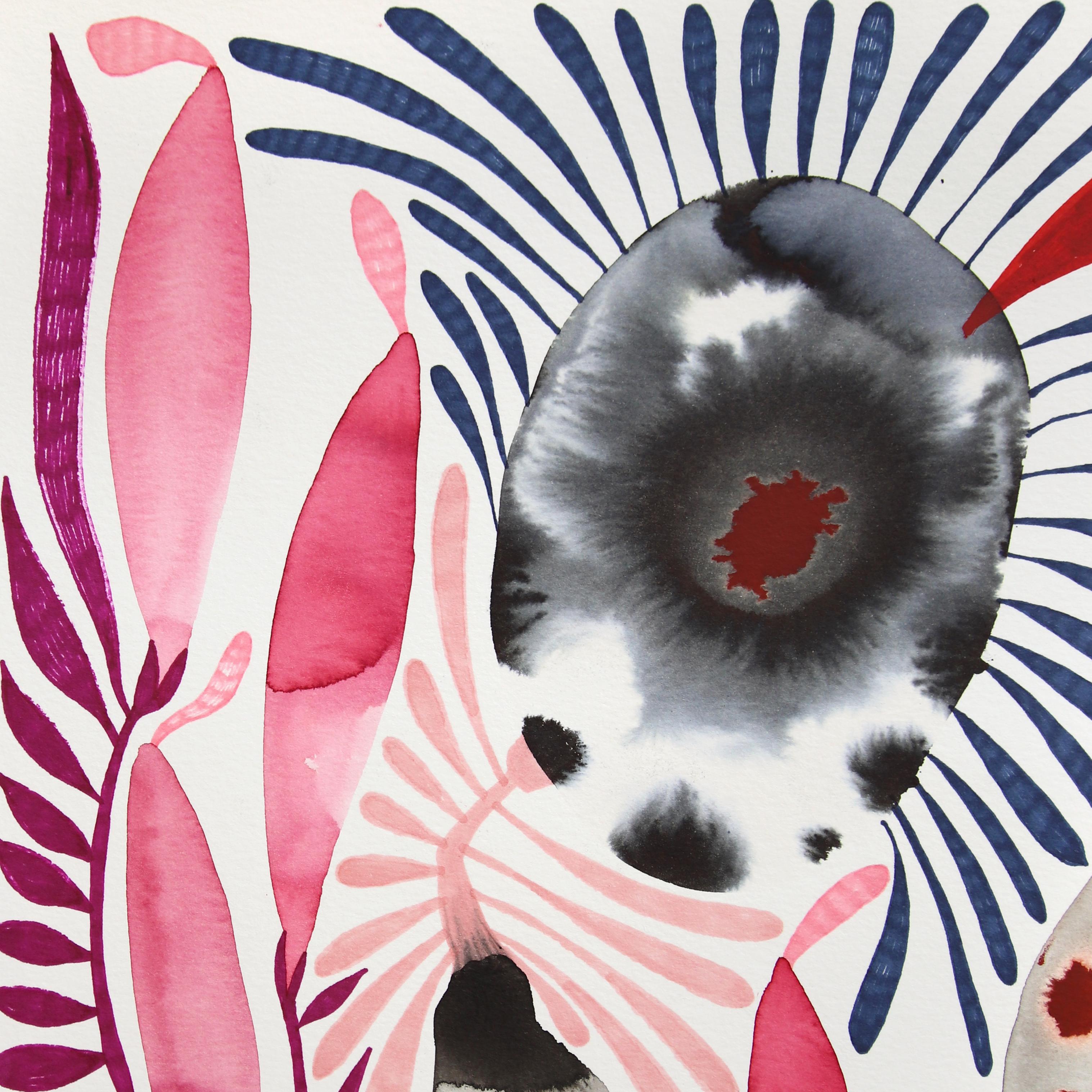 Seeker Rhizome - Surreales abstraktes rotes Kunstwerk auf Papier – Art von Krisanne Souter