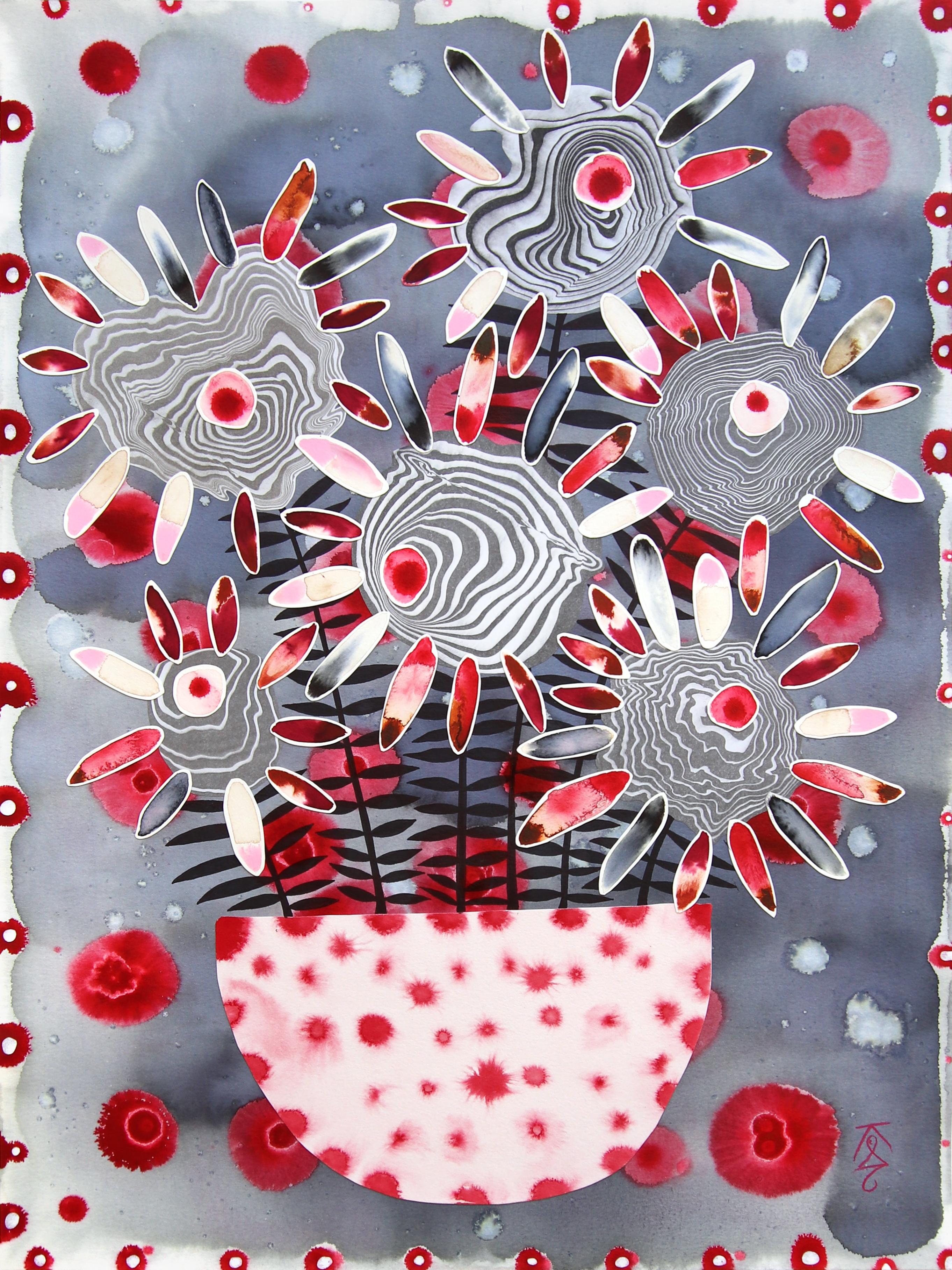 Arreglo floral en maceta esmaltada con manchas rojas - Obra de arte abstracta en técnica mixta