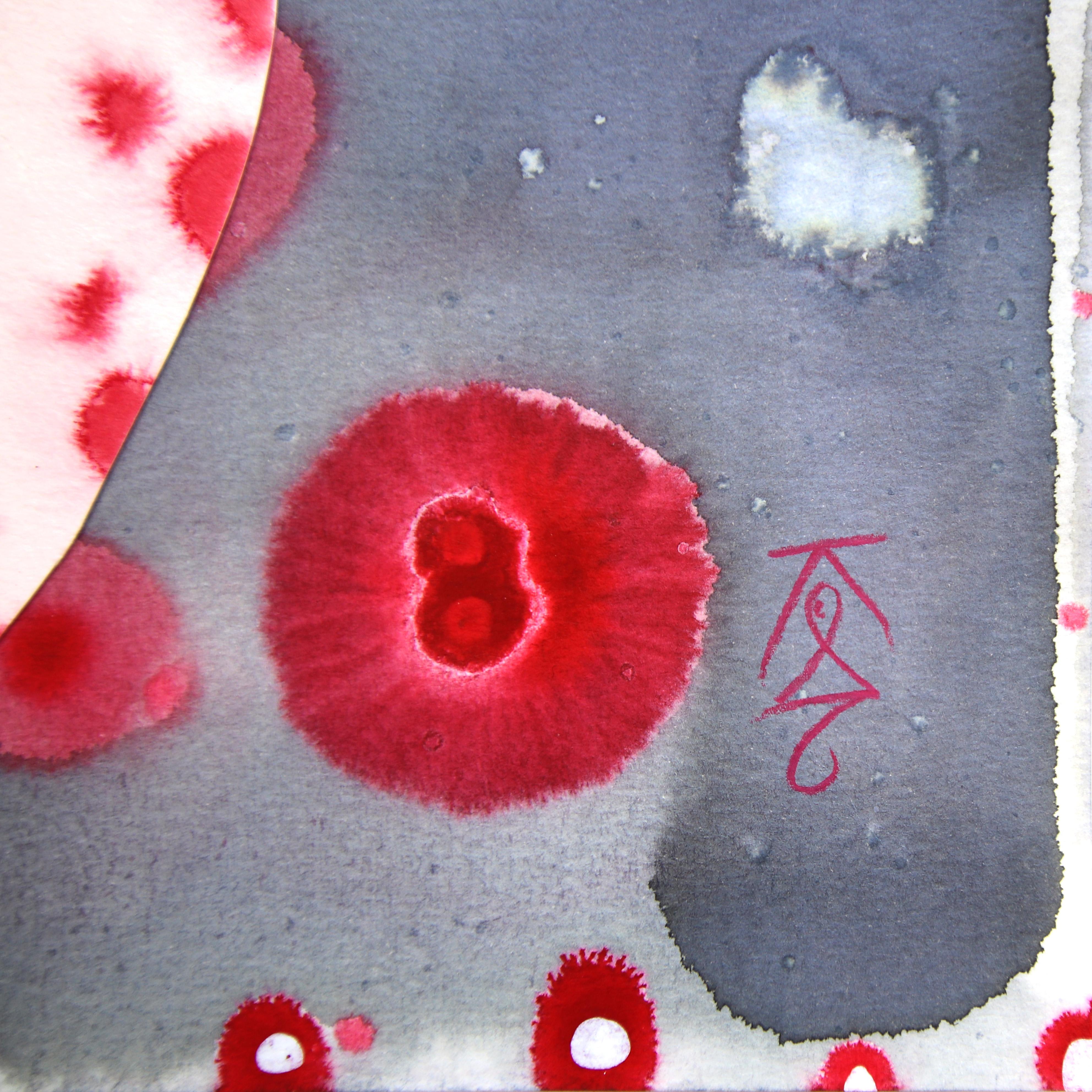 Arrangement de fleurs dans un pot émaillé à taches rouges - œuvre d'art abstraite technique mixte en vente 1