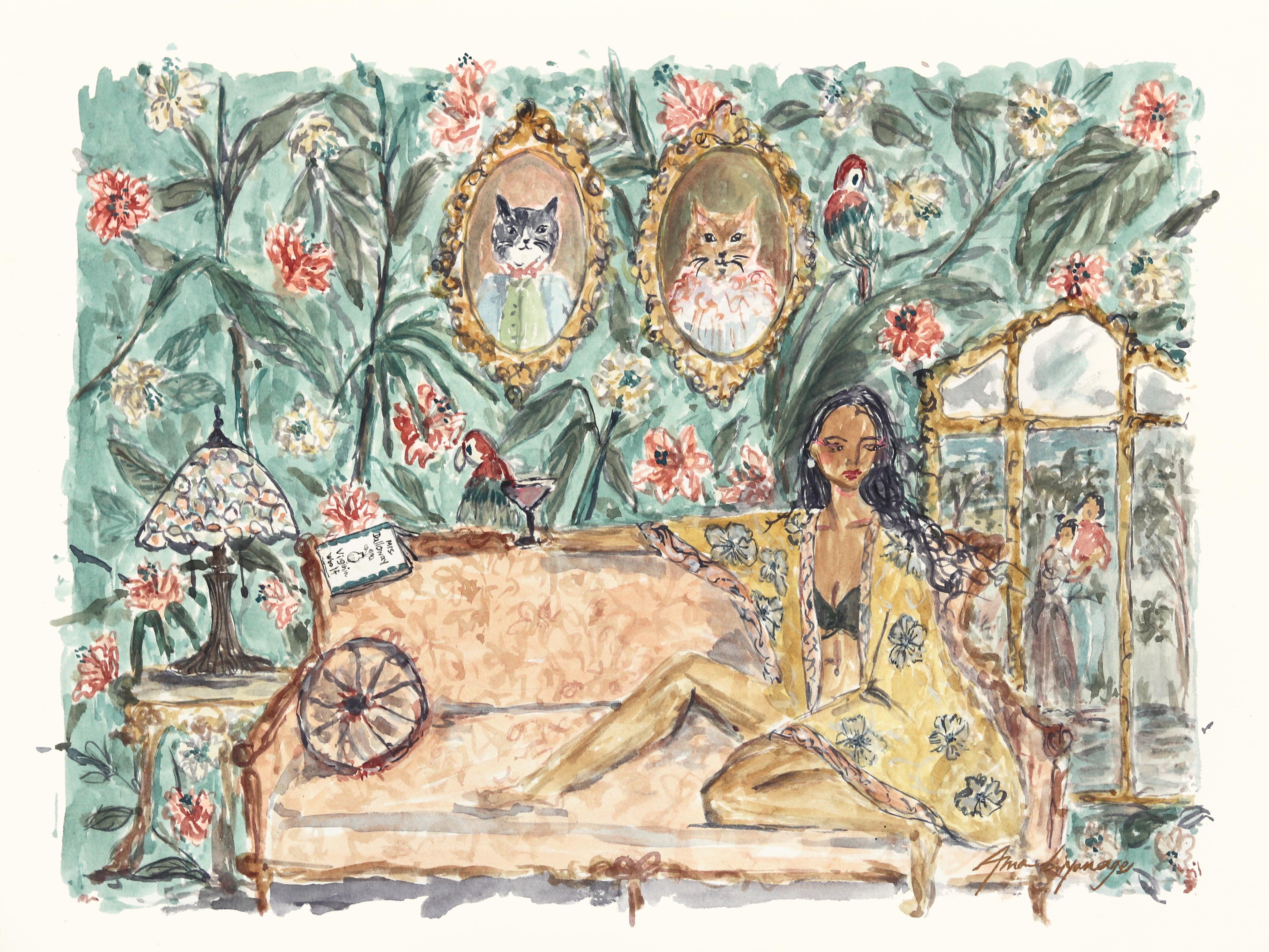 « Women at Leisure I », aquarelle figurative d'un portrait sur papier