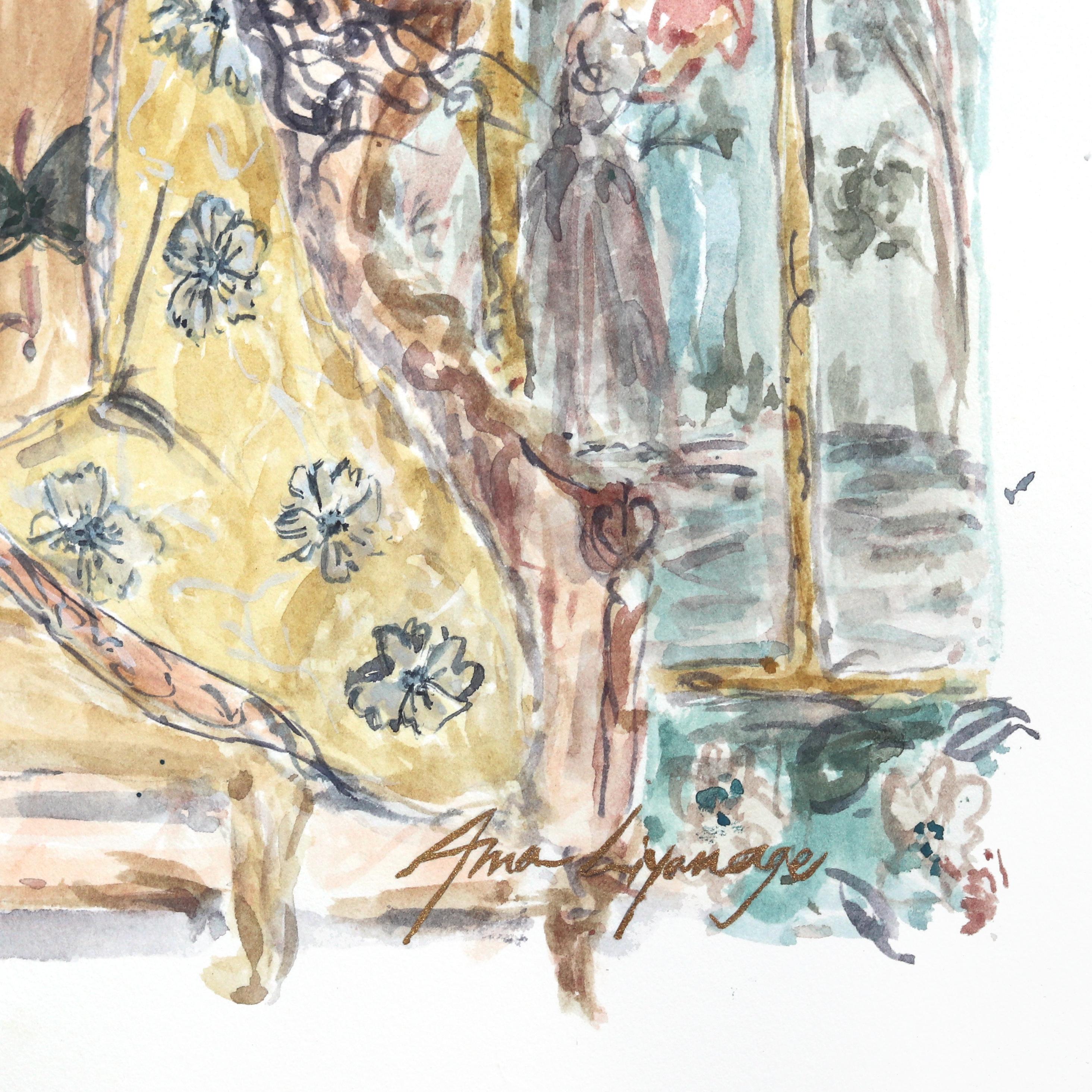 « Women at Leisure I », aquarelle figurative d'un portrait sur papier - Beige Portrait par Ama Liyanage