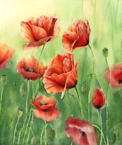 Papaveri con sfondo verde  -  Pittura floreale vibrante ad acquerello su carta