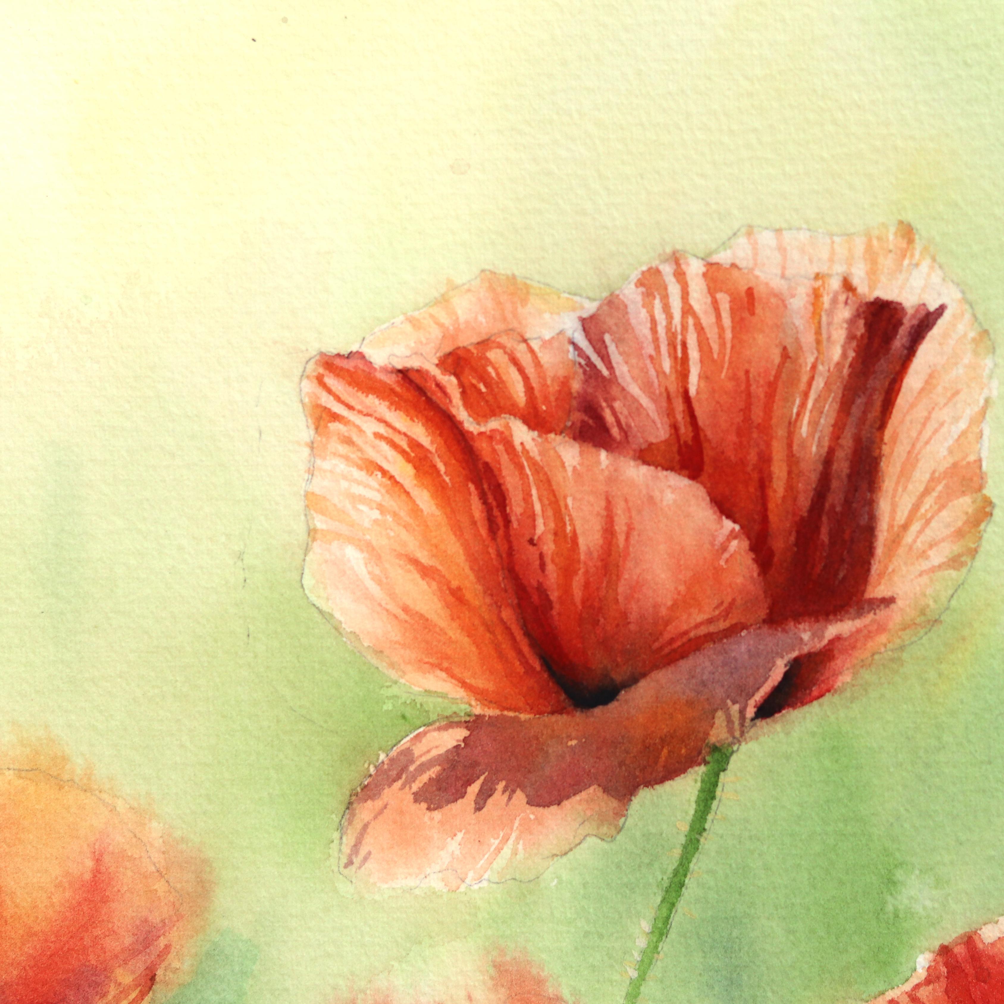 Papaveri con sfondo verde  -  Pittura floreale vibrante ad acquerello su carta - Art di Anna Kudriashova