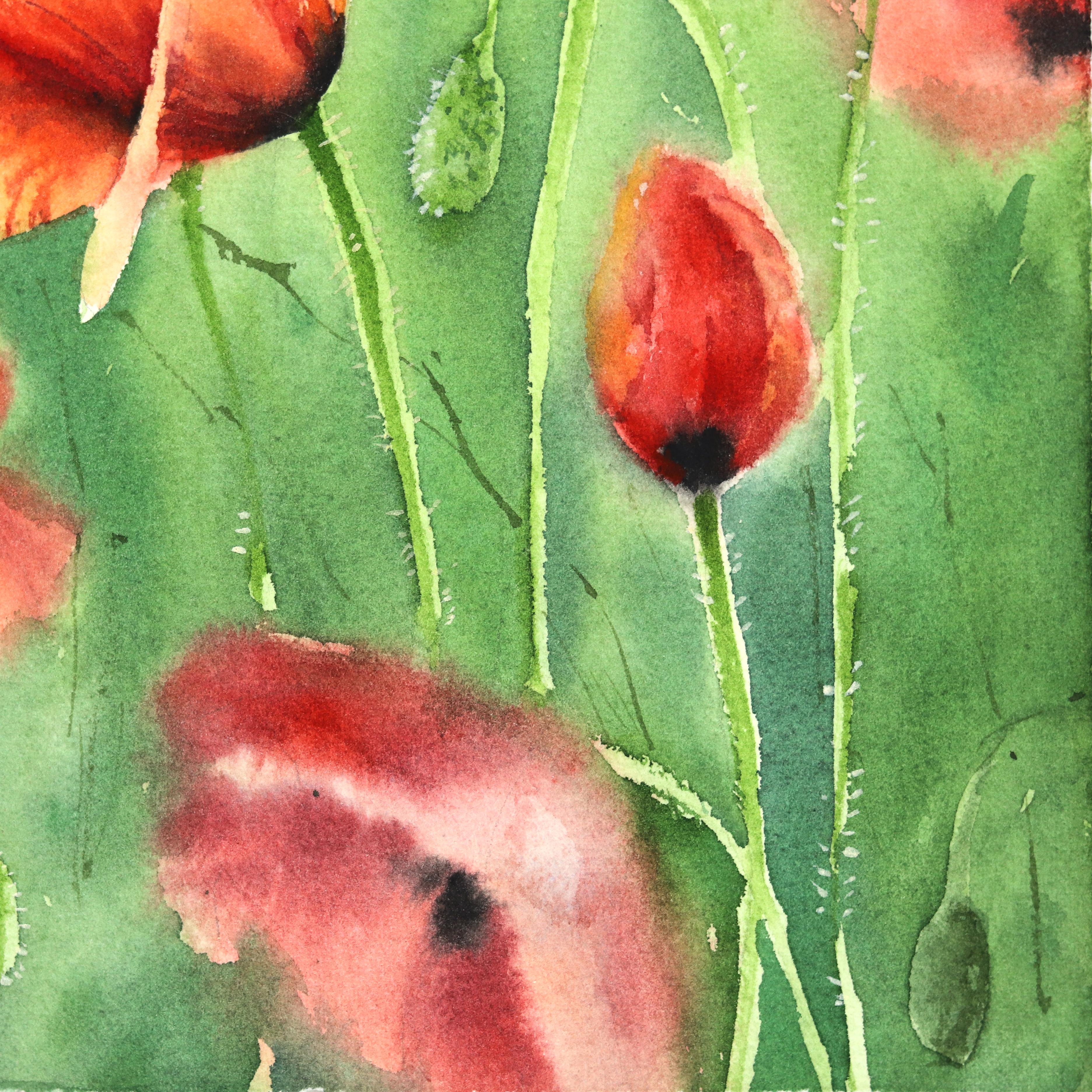 Papaveri con sfondo verde  -  Pittura floreale vibrante ad acquerello su carta - Landscape Art Beige di Anna Kudriashova