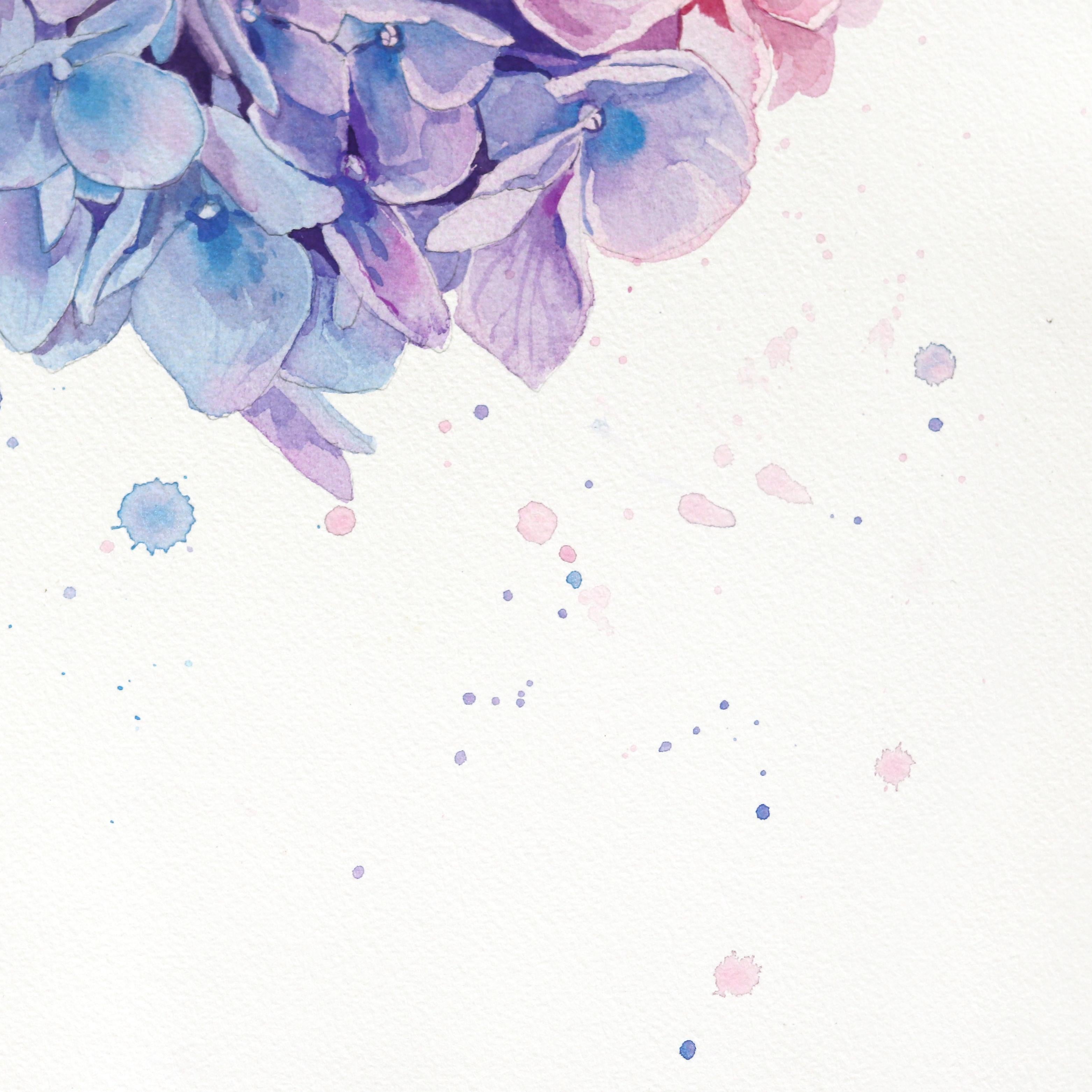 Ortensie a nuvola rosa  -  Pittura floreale ad acquerello su carta - Art Contemporaneo di Anna Kudriashova