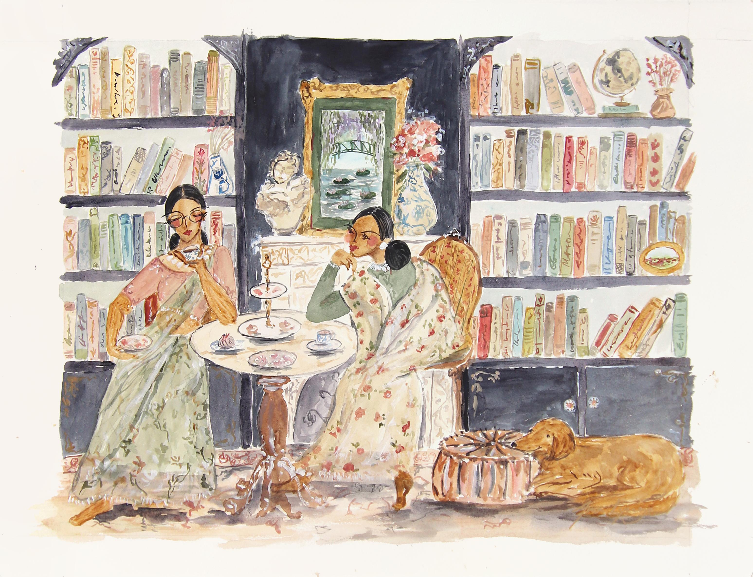 Portrait Ama Liyanage - Women at Leisure II, aquarelle figurative, portrait d'intérieur sur papier