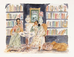 Mujeres en el Ocio II - Pintura Figurativa Acuarela Retrato Interior sobre Papel