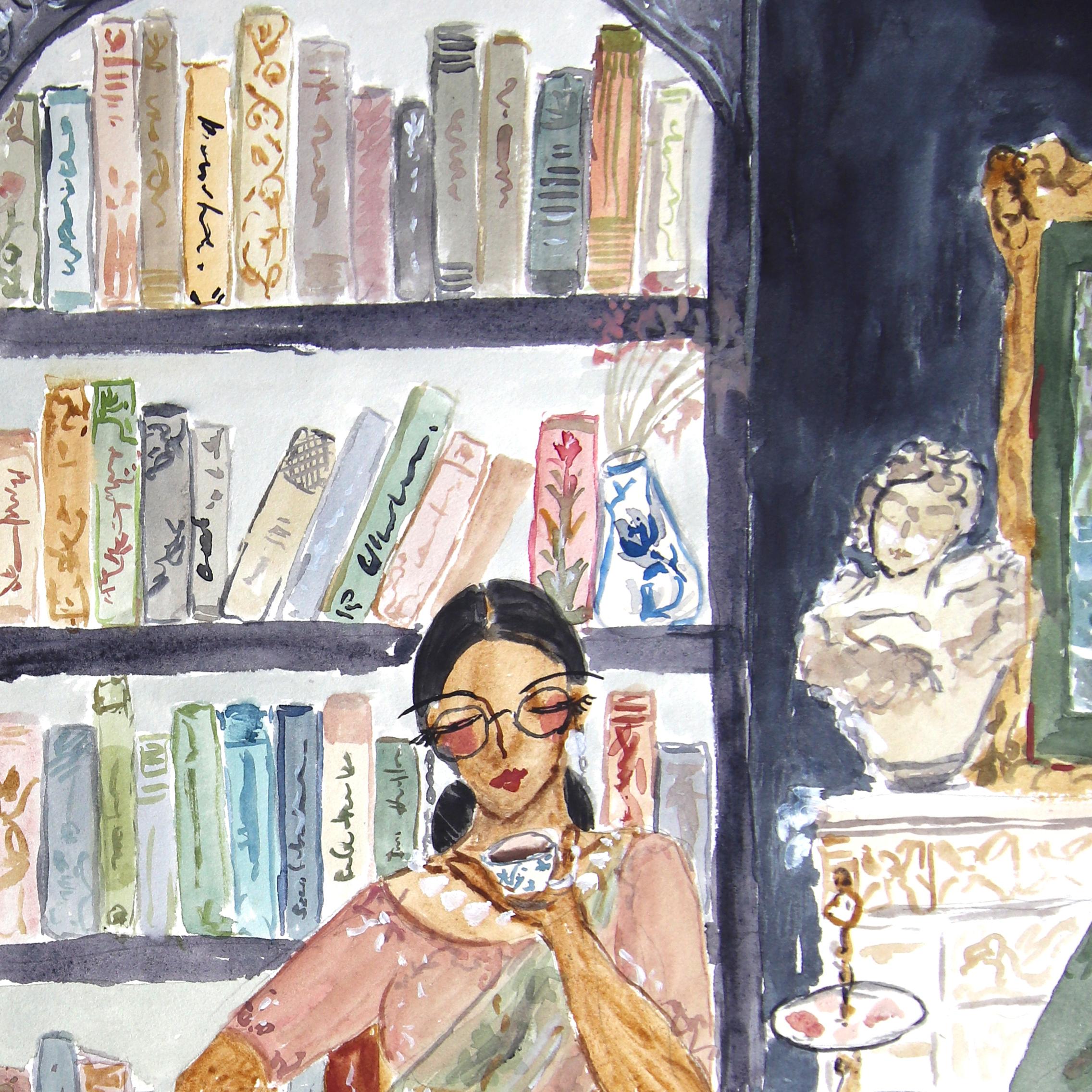 Women at Leisure II, aquarelle figurative, portrait d'intérieur sur papier - Art de Ama Liyanage