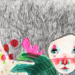 Transparence en fleurs - œuvre d'art figurative fantaisiste et fantastique sur papier
