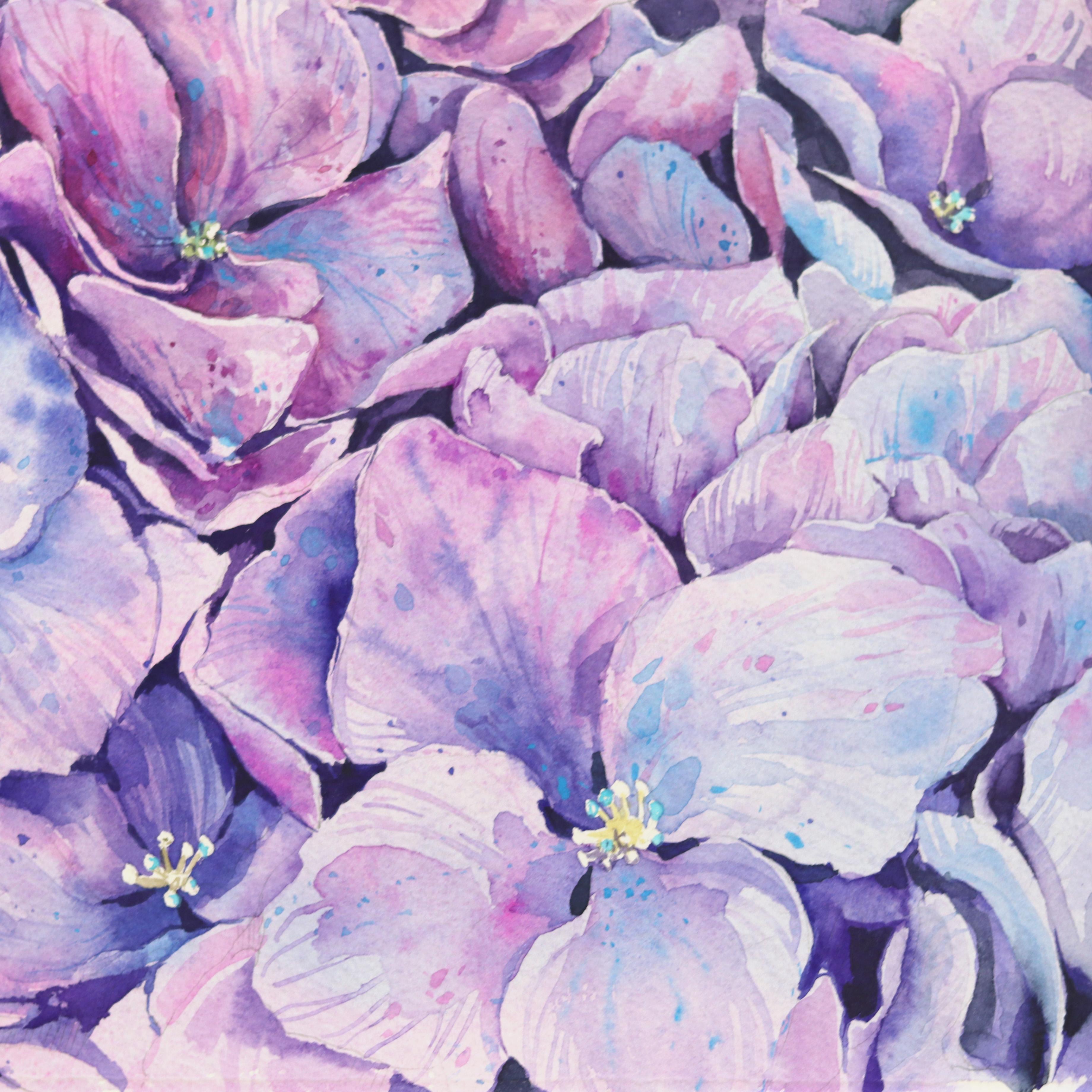 Hortensias violets - Nature morte à l'aquarelle florale sur papier - Art de Anna Kudriashova