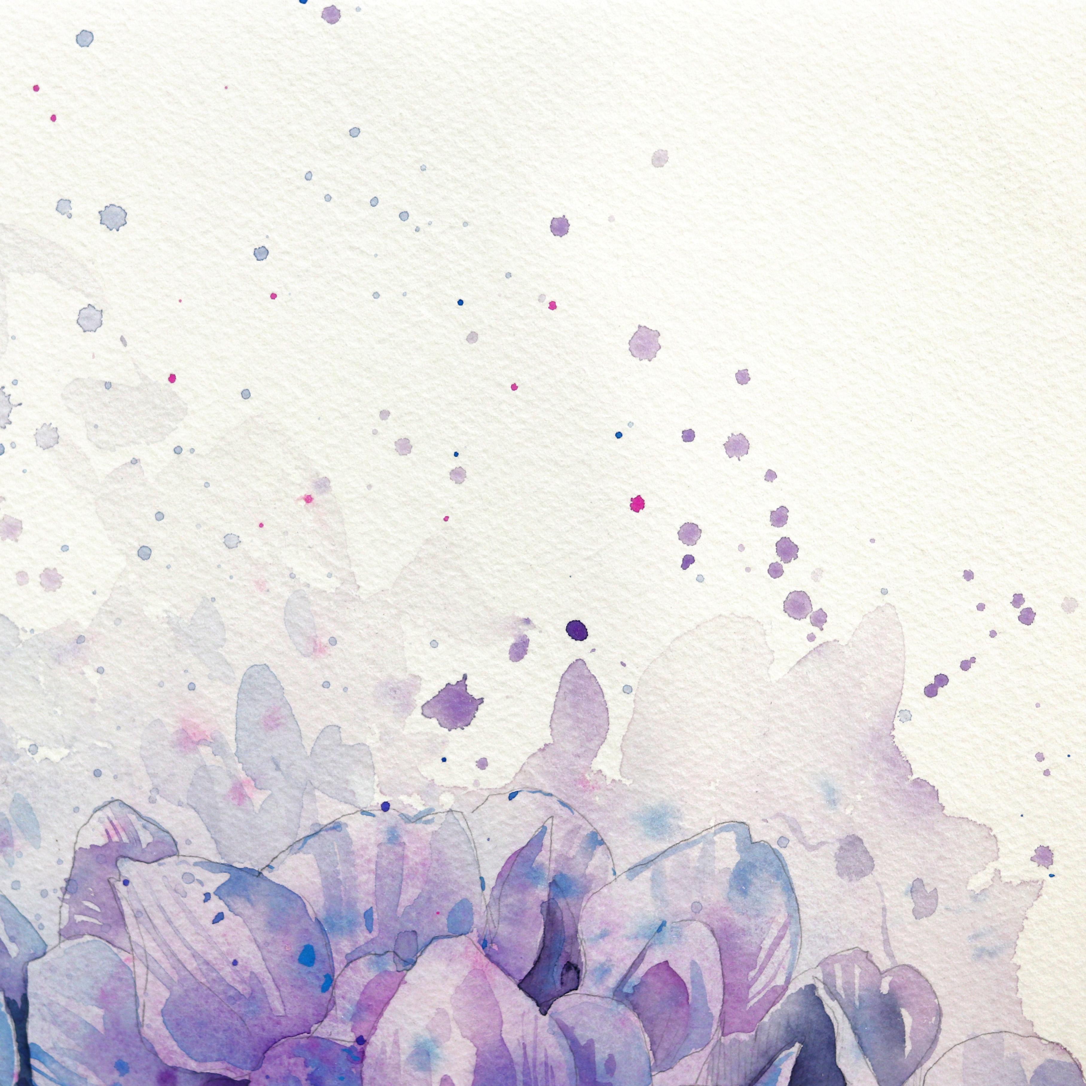 Hortensias violets - Nature morte à l'aquarelle florale sur papier - Contemporain Art par Anna Kudriashova