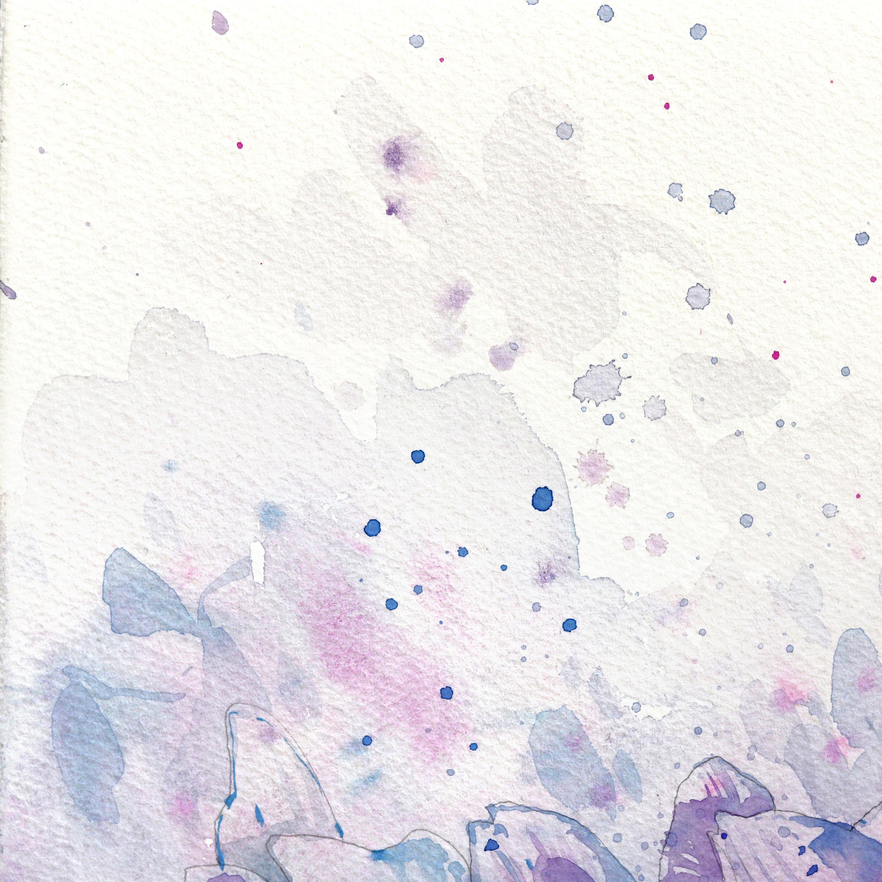 Hortensias violets - Nature morte à l'aquarelle florale sur papier - Violet Landscape Art par Anna Kudriashova