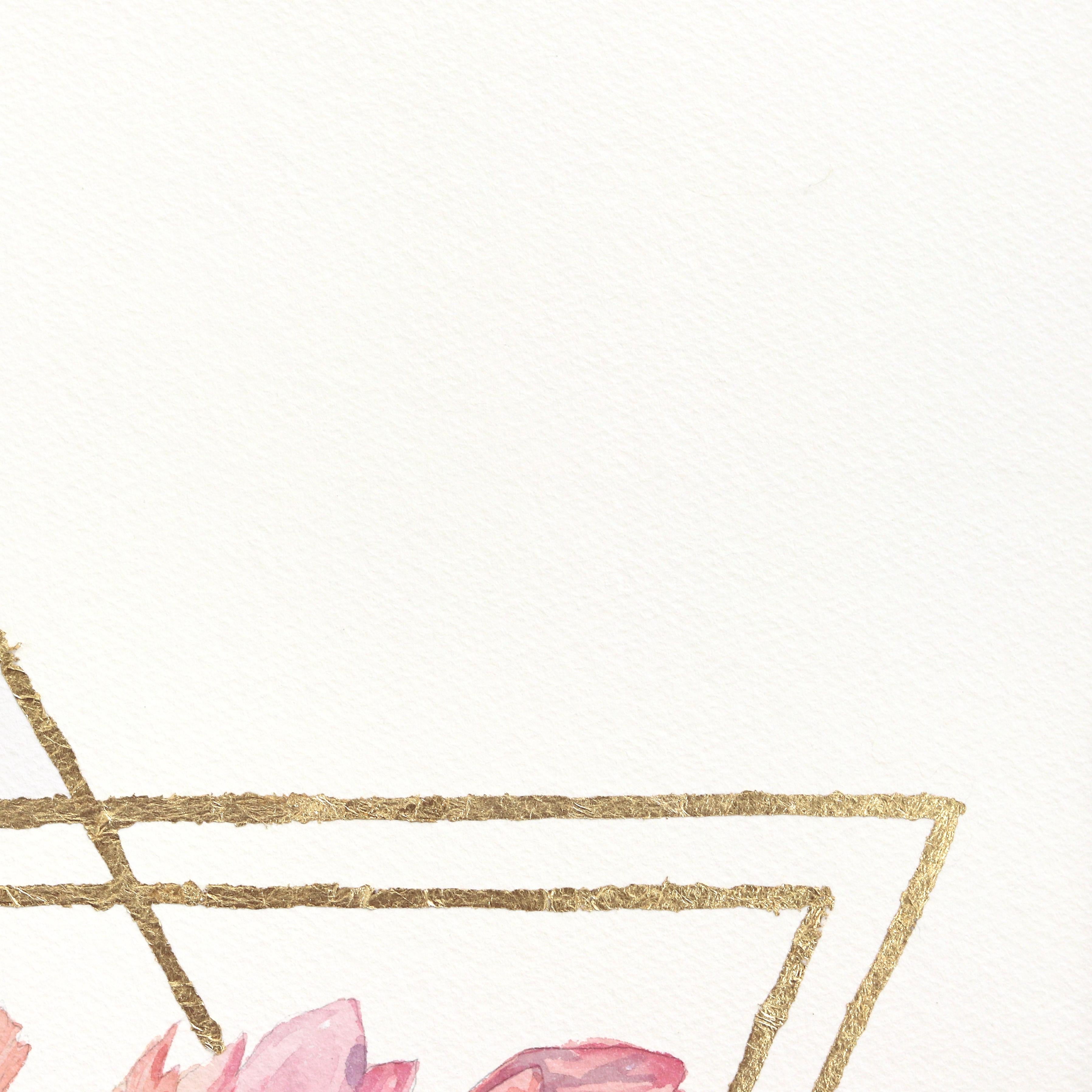 Triangle of Peonies - Pink Floral Watercolor Painting on Paper - White Landscape Art by Anna Kudriashova