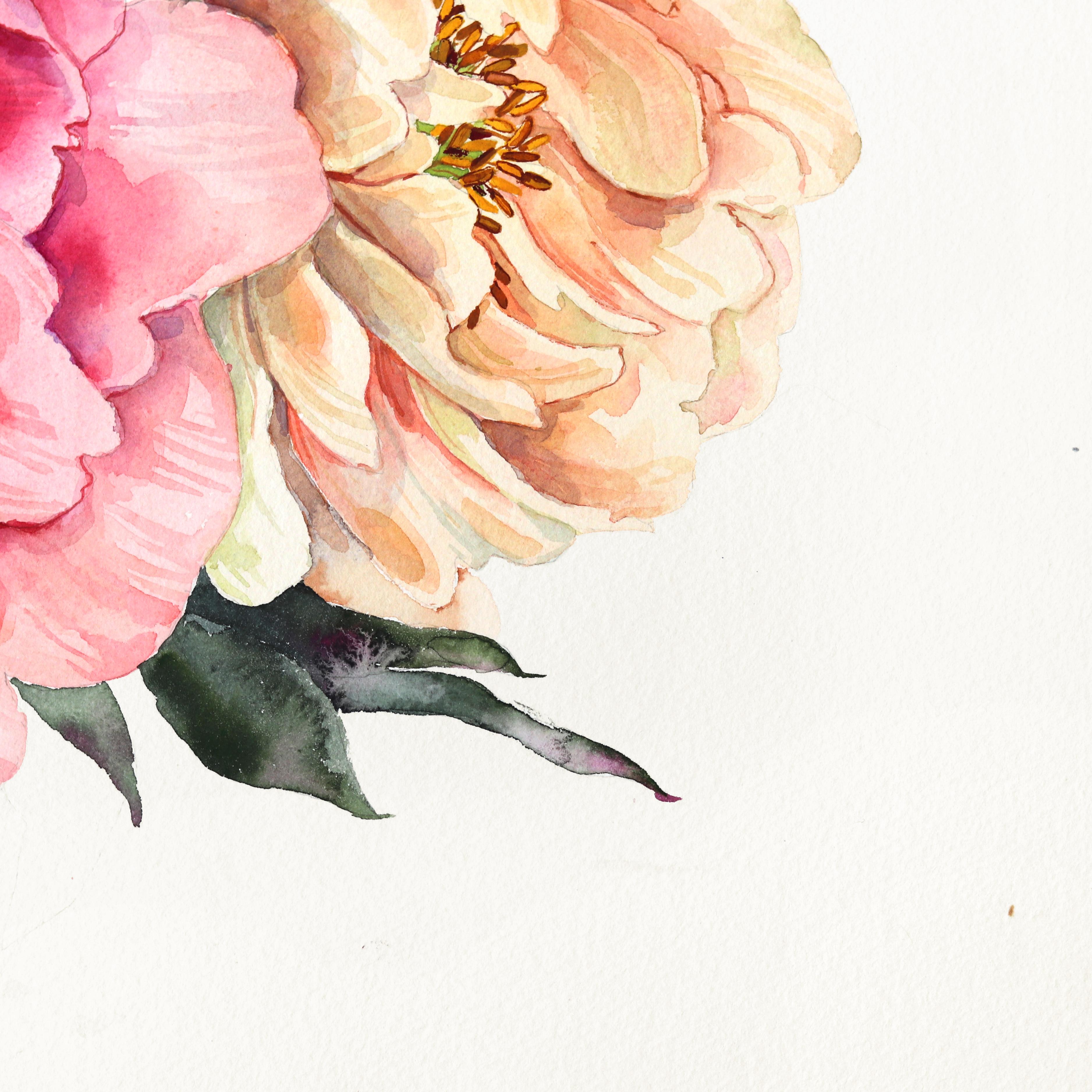 Peonie - Acquerello floreale su carta - Still-Life Painting Beige di Anna Kudriashova