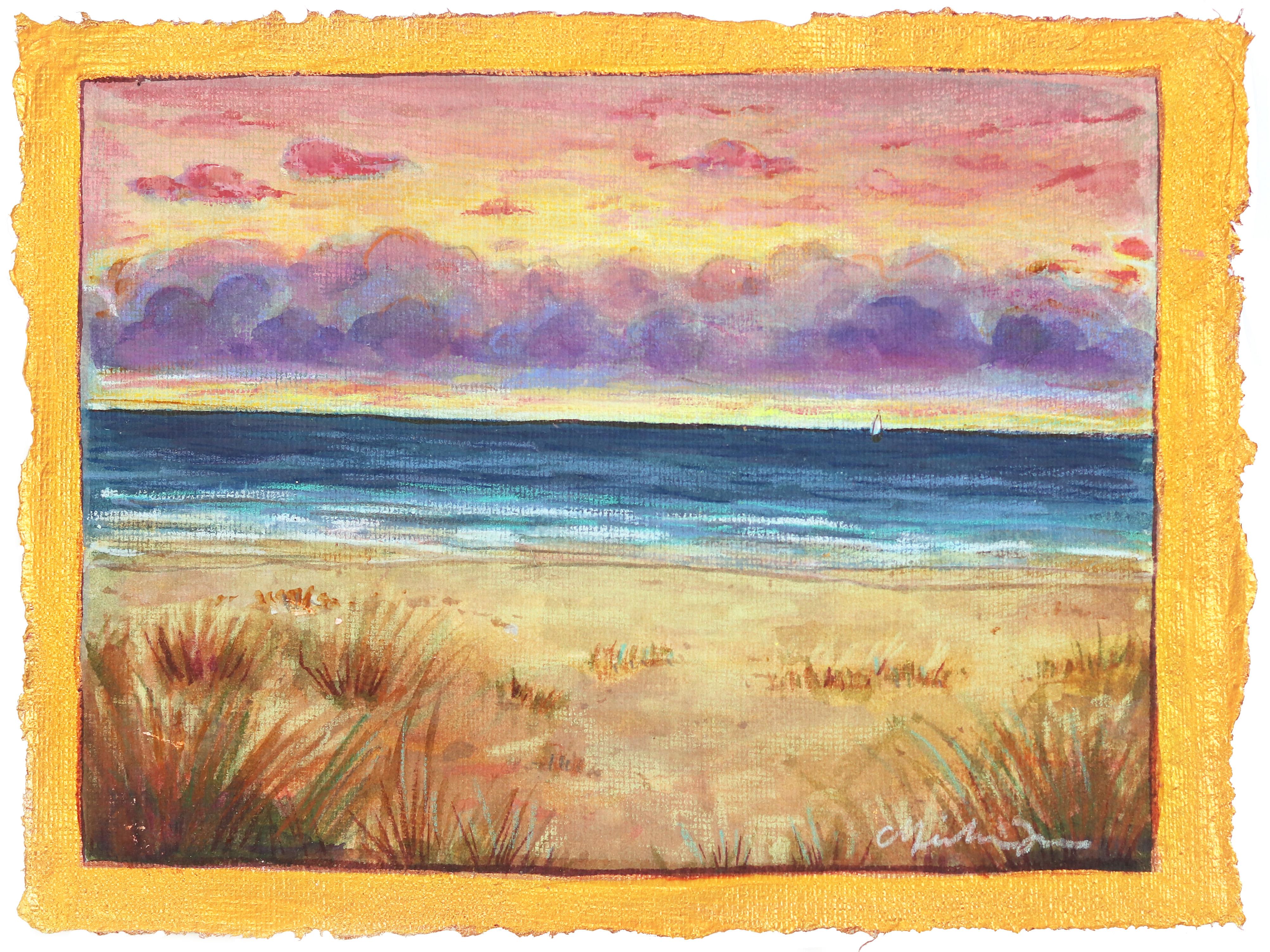 Escape to the Sea - Colorful Sunset Coastal Landscape Painting on Handmade Paper