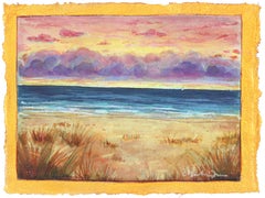 Escape to the Sea - Colorful Sunset Coastal Landscape Painting on Handmade Paper