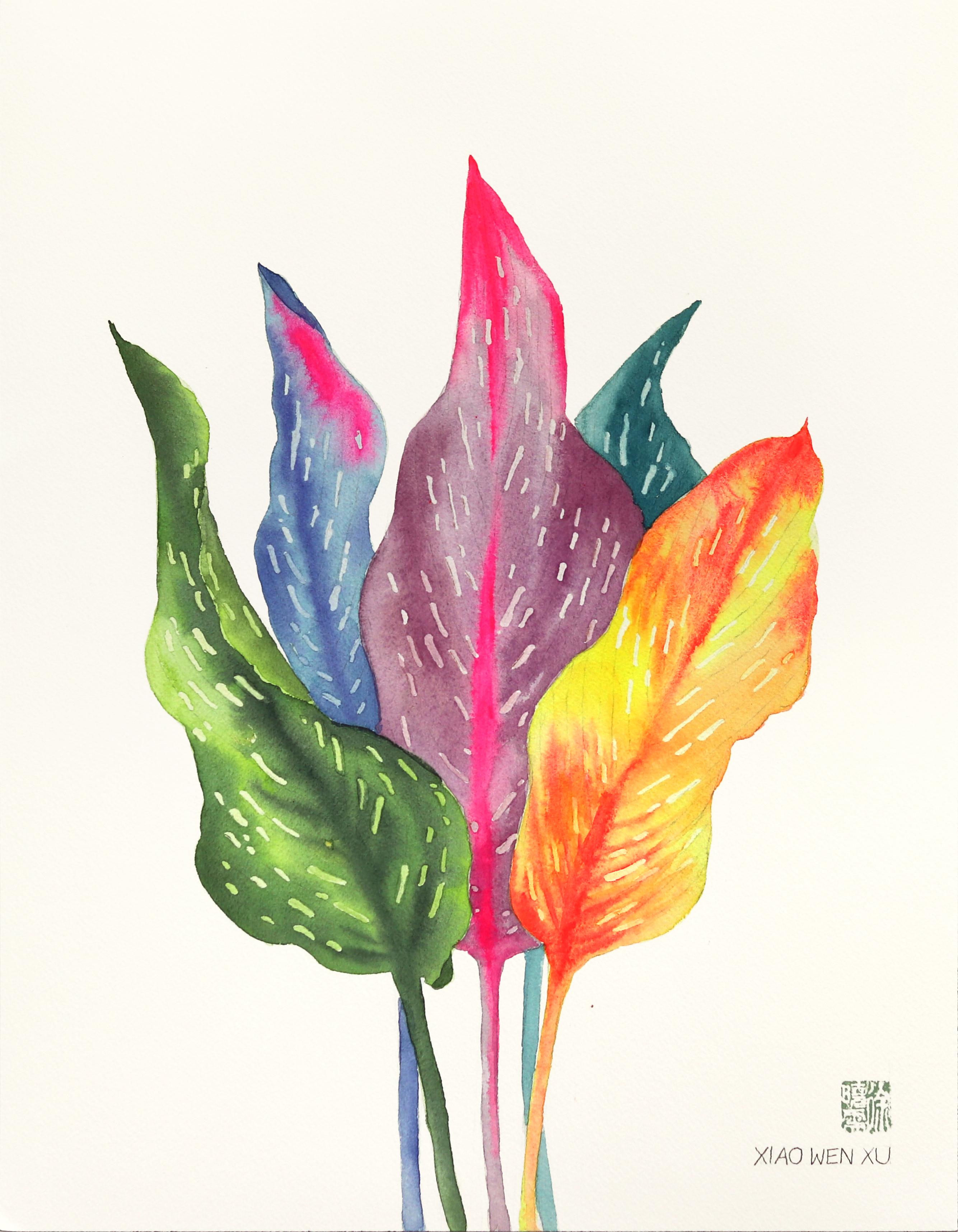 Rainbowland Calla Lily Leaves II - Nature morte colorée sur papier