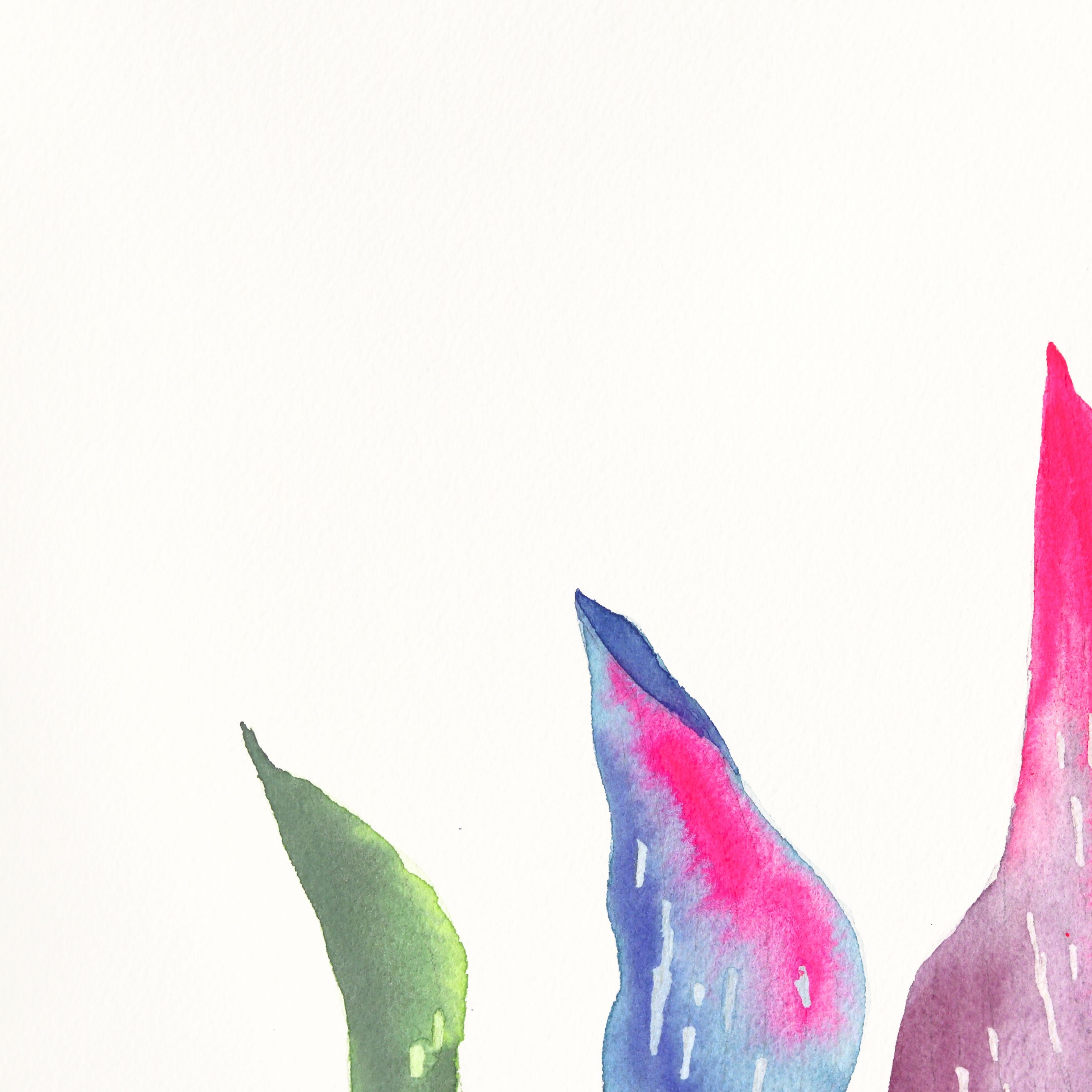 Rainbowland Hojas de Lirio de Calas II - Pintura colorista de naturaleza muerta sobre papel - Art Contemporáneo de Xiao Wen Xu