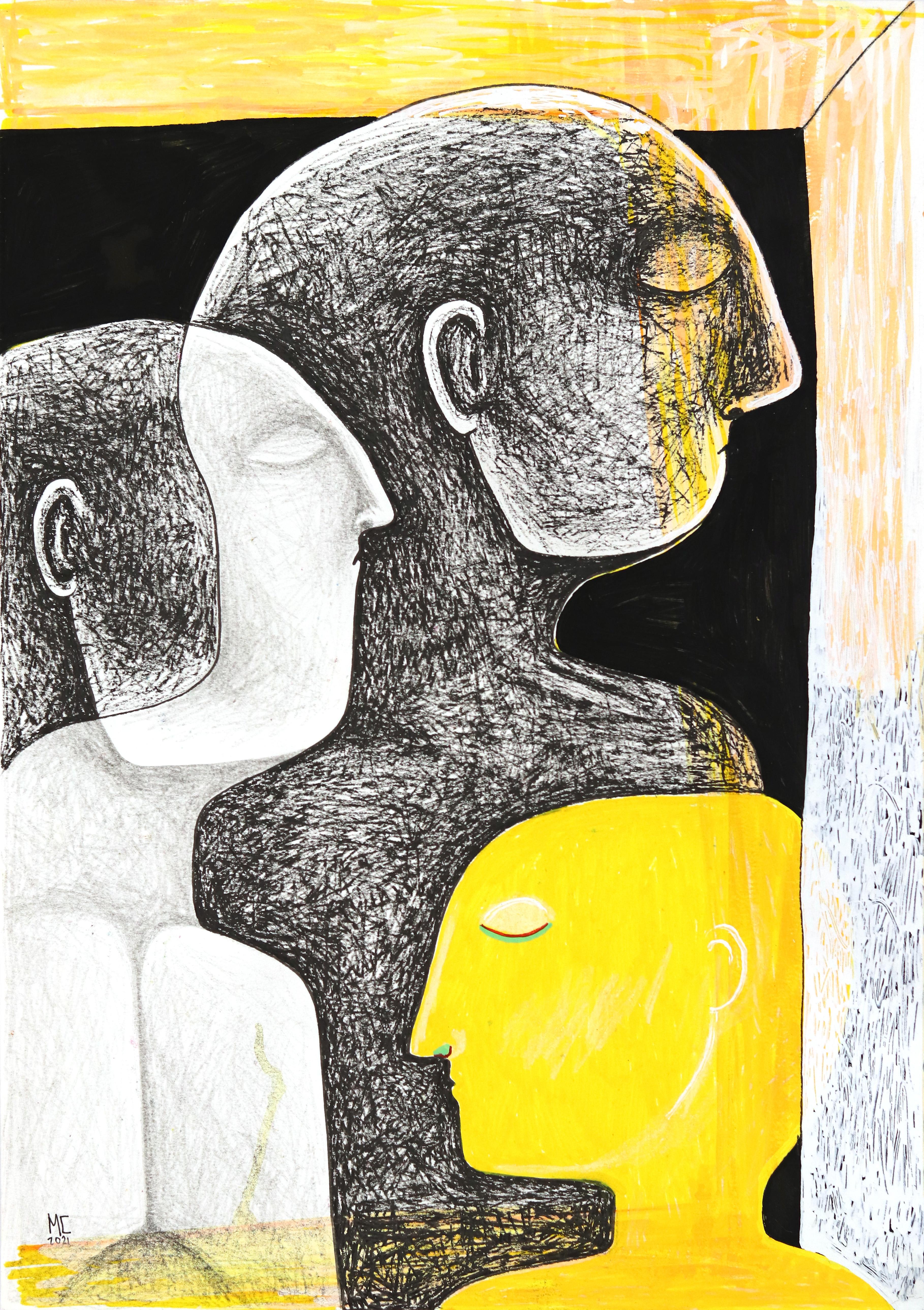 Diferencias  - Obra de Arte Original Abstracto Figurativo Amarillo sobre Papel