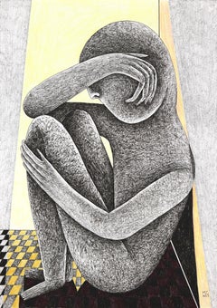 Solo y Acorralado - Obra de Arte Figurativa Amarilla Abstracta Original sobre Papel