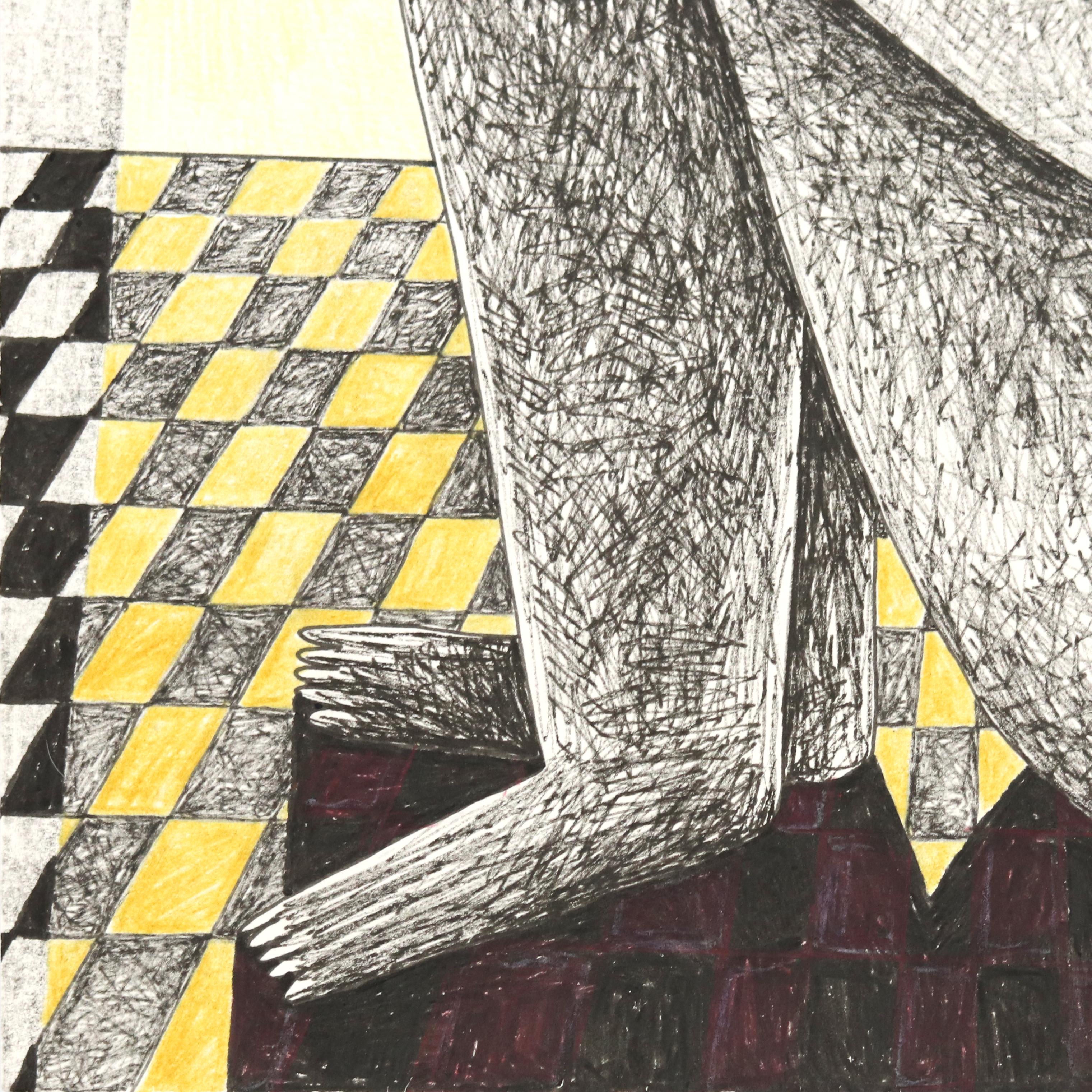 Solo y Acorralado - Obra de Arte Figurativa Amarilla Abstracta Original sobre Papel - Figurative Painting Gris de Melissa Chalhoub