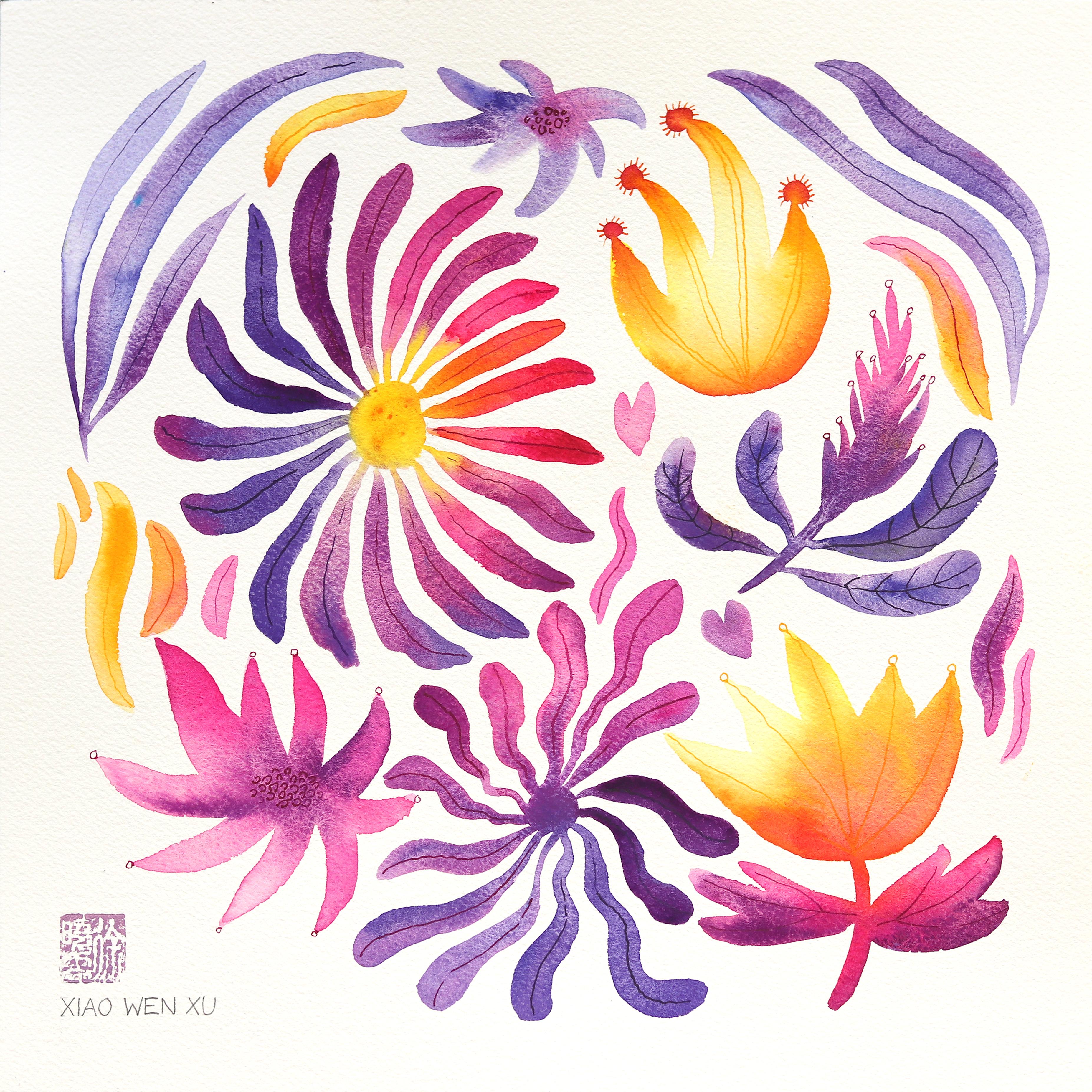 Aster - Lila Gelb Floral Nature Gemälde auf Papier