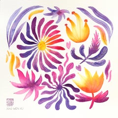 Aster - Lila Gelb Floral Nature Gemälde auf Papier