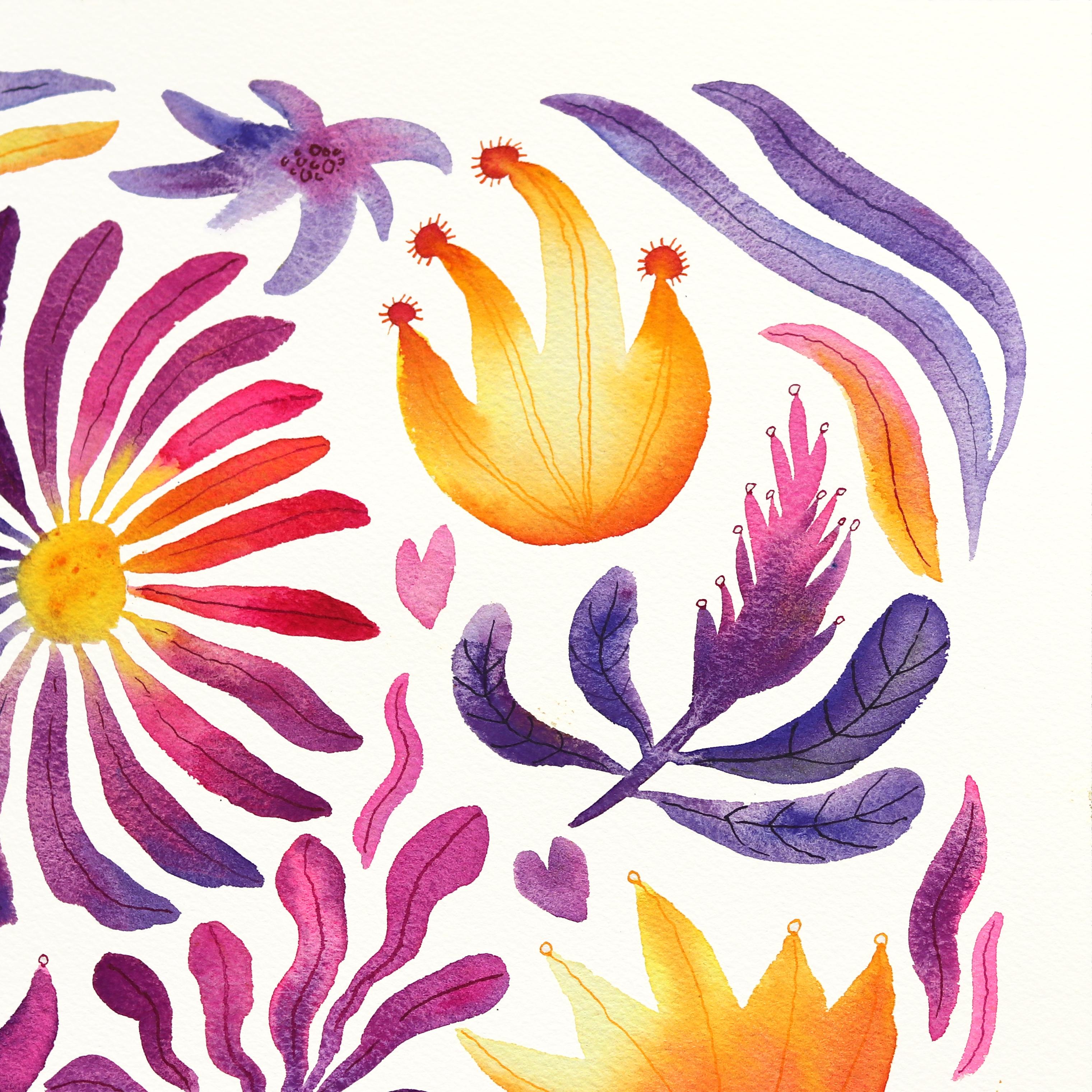 Aster - Púrpura Amarillo Floral Pintura de la Naturaleza sobre Papel en venta 1