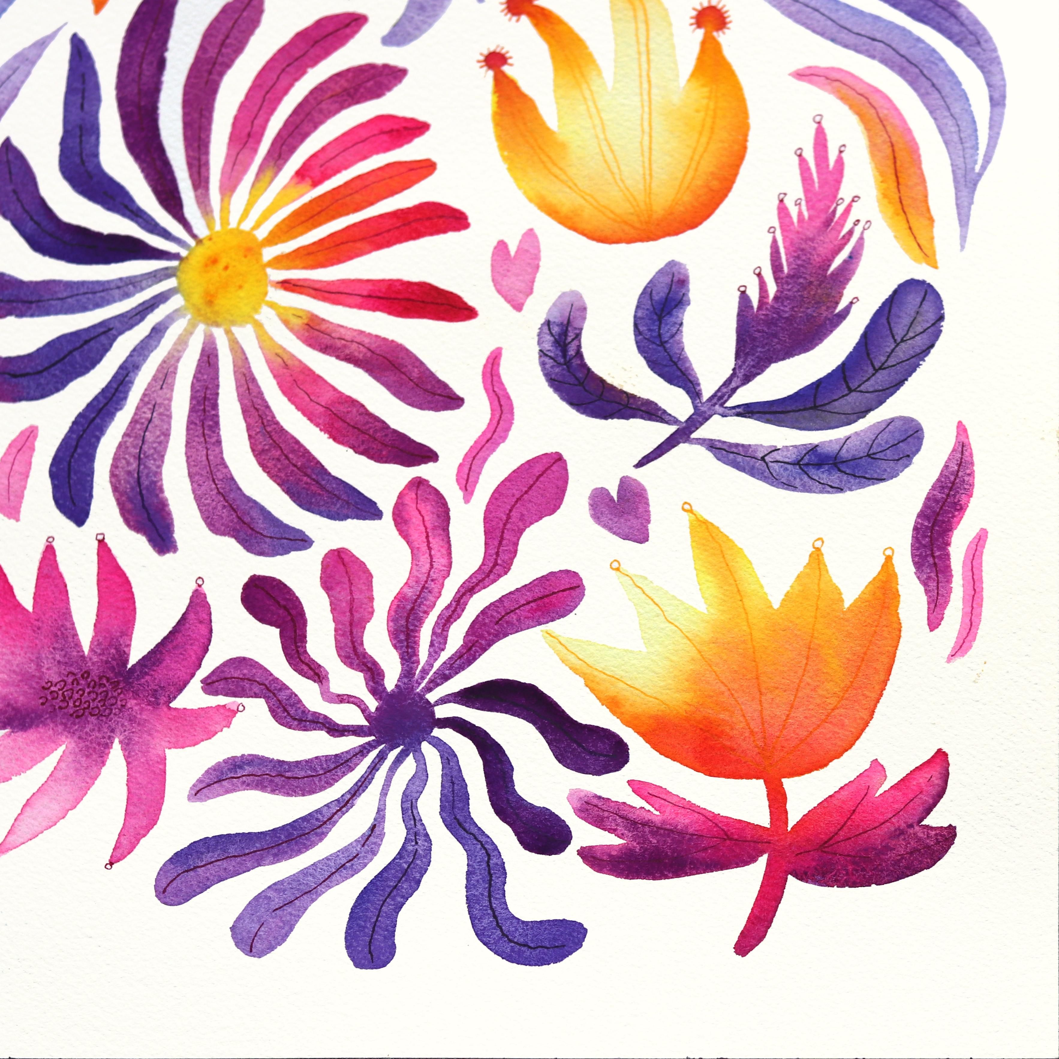 Aster - Púrpura Amarillo Floral Pintura de la Naturaleza sobre Papel - Mixed Media Art Contemporáneo de Xiao Wen Xu