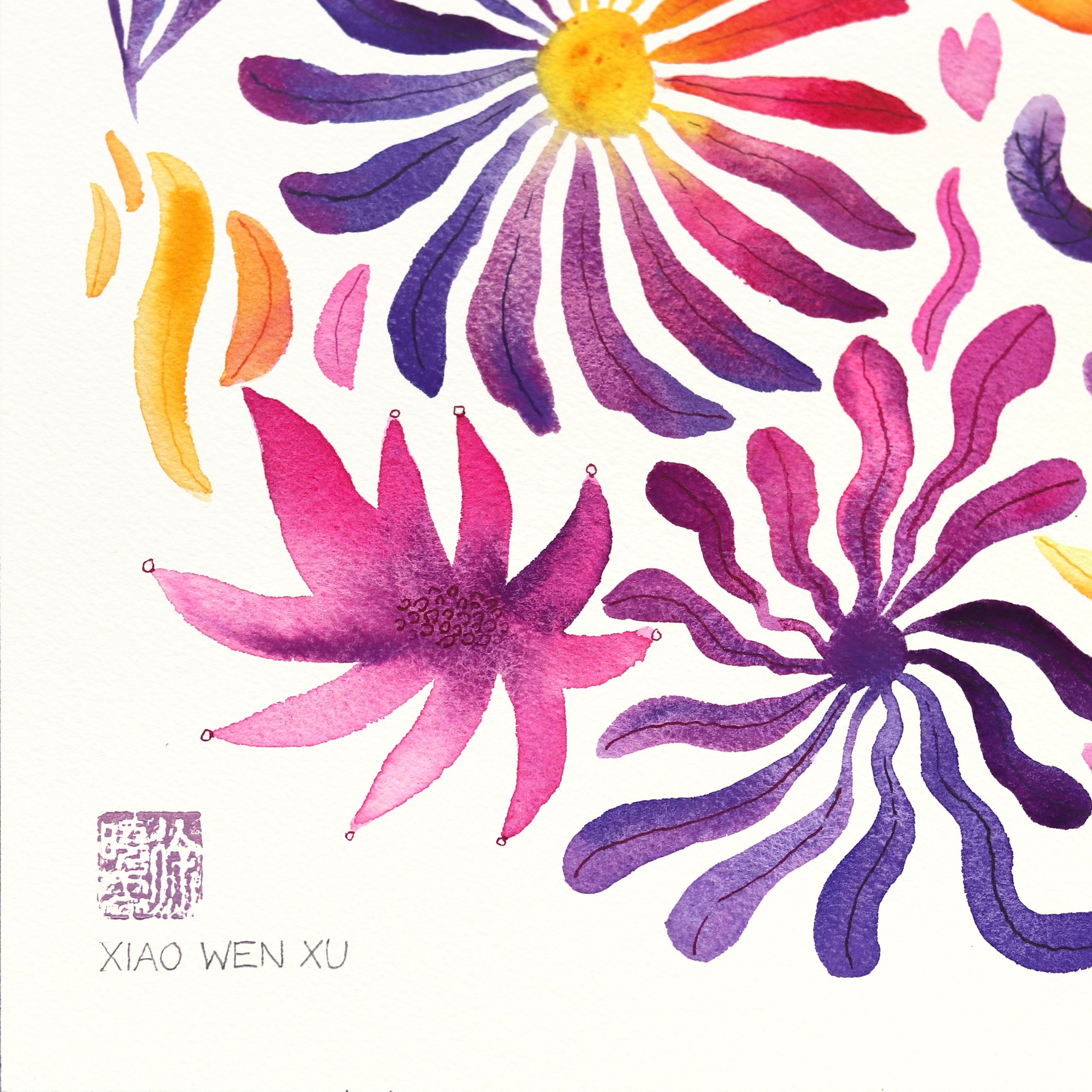 Aster - Púrpura Amarillo Floral Pintura de la Naturaleza sobre Papel en venta 2