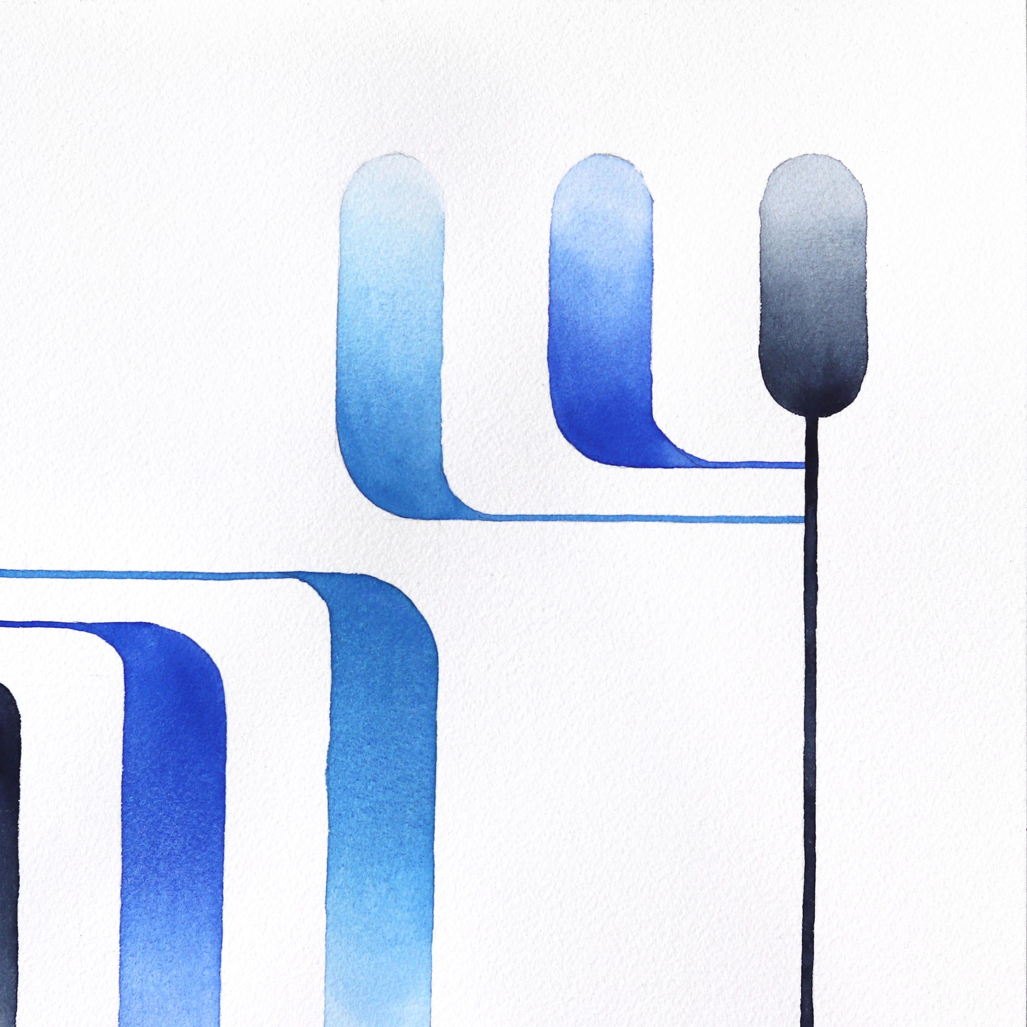 Blue Blooms 3 - Acuarela Abstracta Azul sobre Papel en venta 1