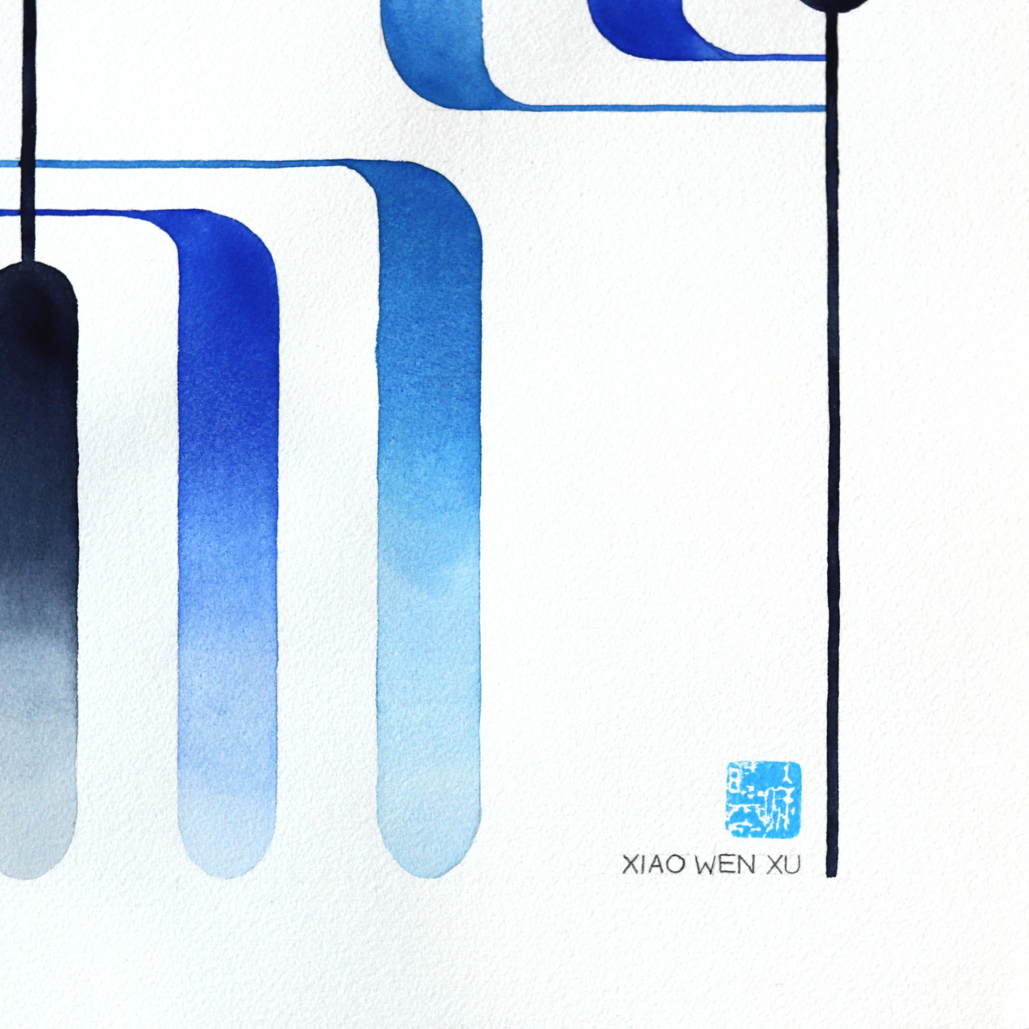 Blue Blooms 3 - Acuarela Abstracta Azul sobre Papel en venta 2
