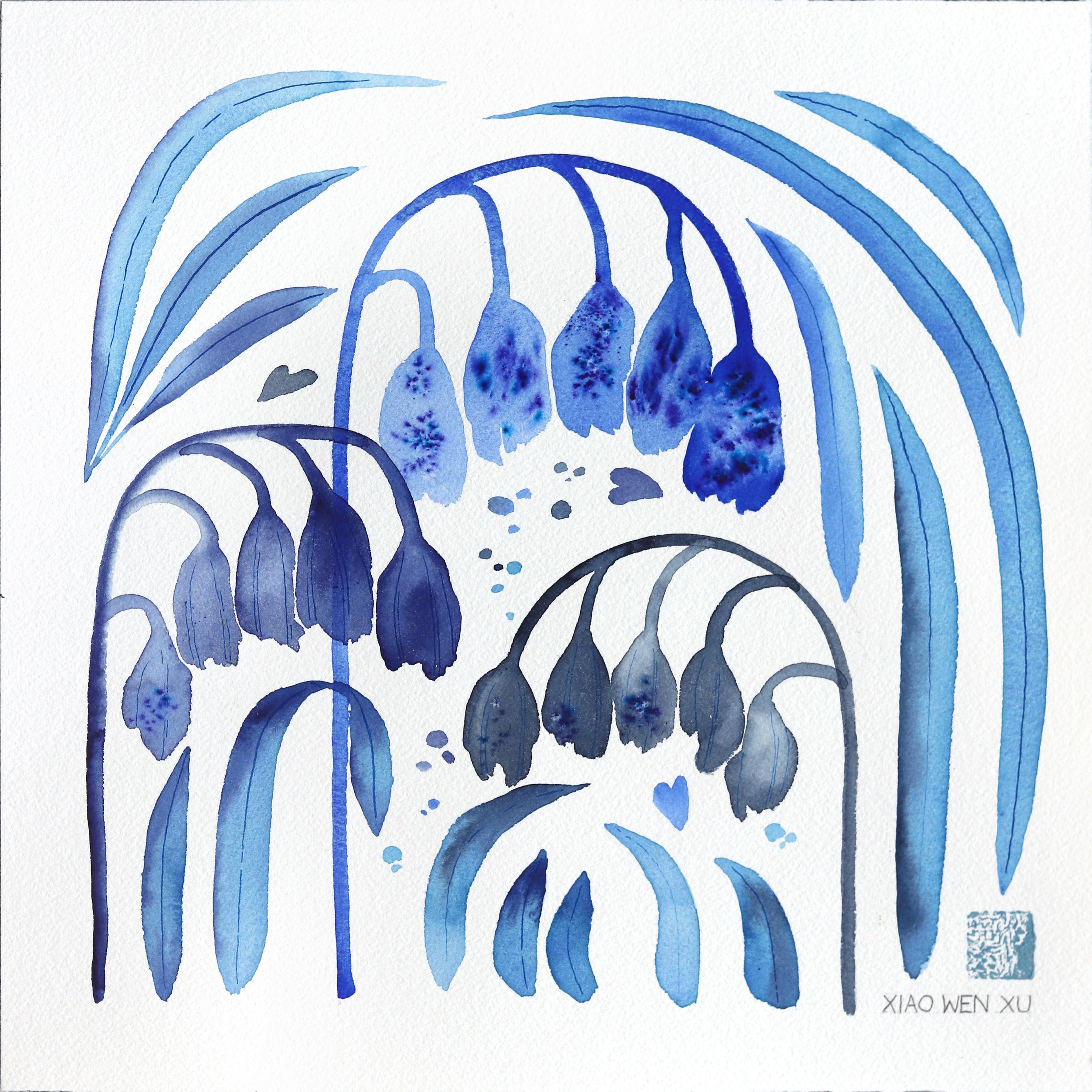 Bluebells - Pintura Floral Abstracta Azul sobre Papel