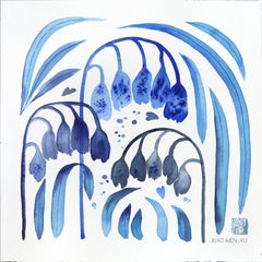 Bluebells - Pintura Floral Abstracta Azul sobre Papel