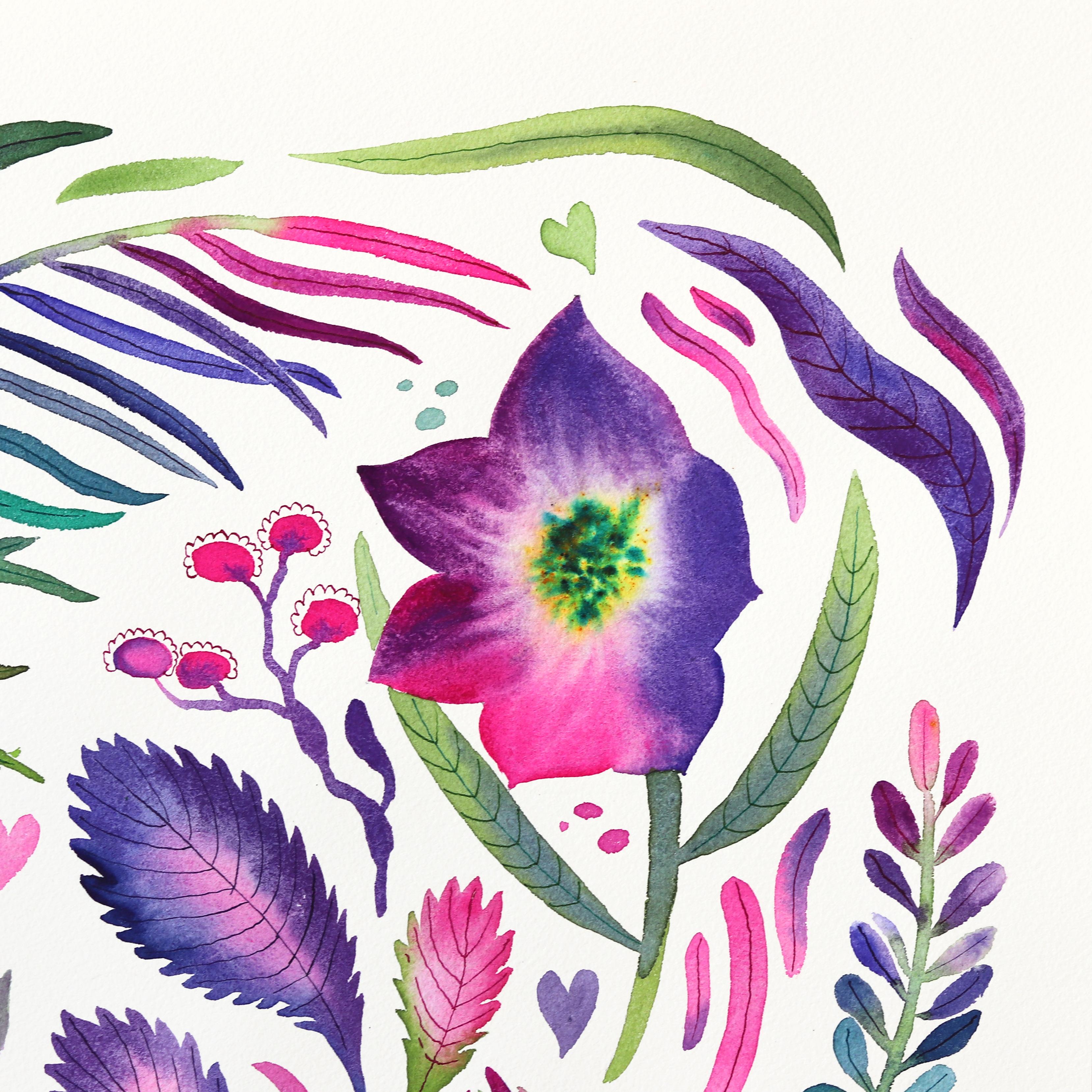 Bellflower - Pintura abstracta floral de colores sobre papel - Art Contemporáneo de Xiao Wen Xu