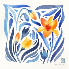 Daylily - Blue Yellow Abstract Floral Painting on Paper