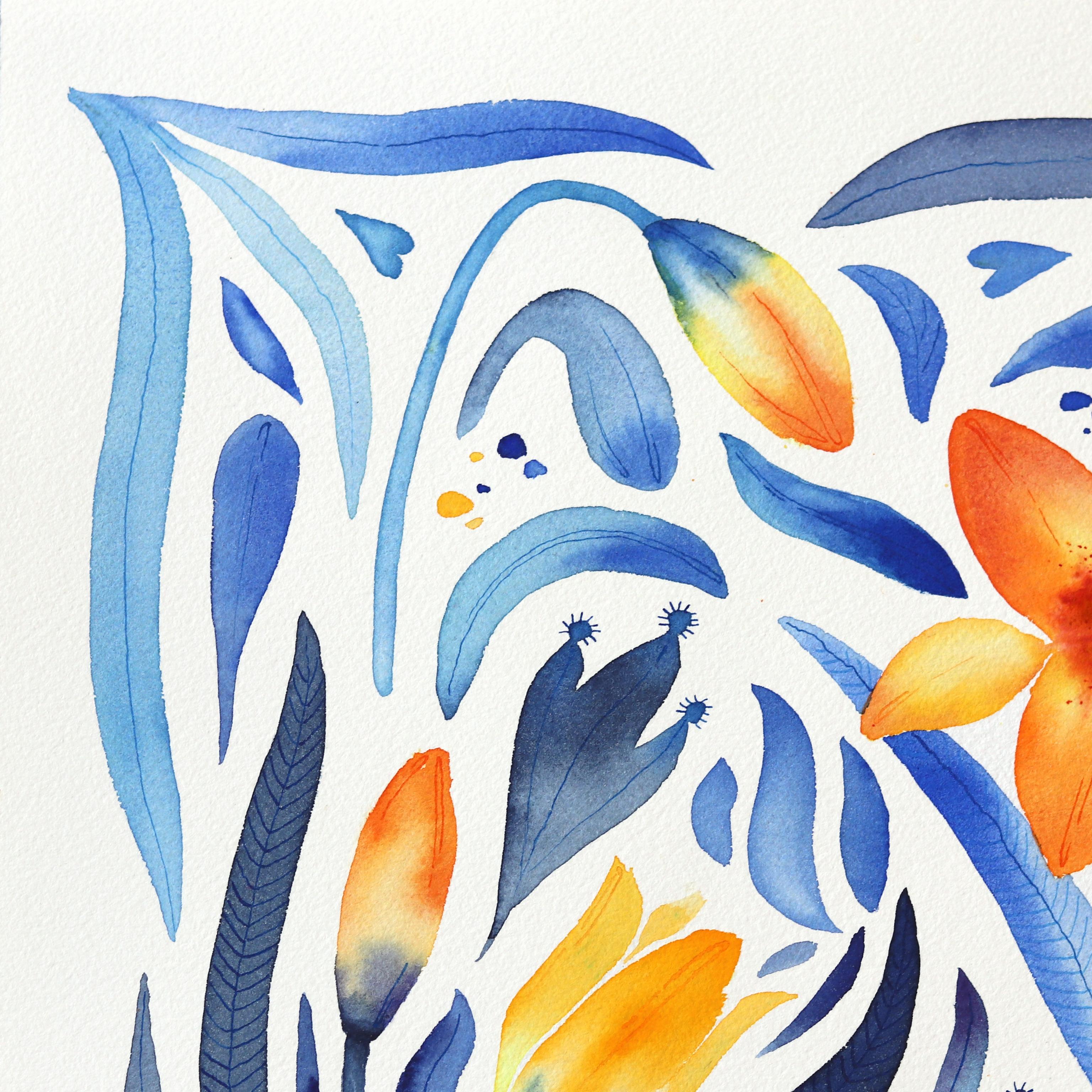 Daylily - Azul Amarillo Pintura Floral Abstracta sobre Papel - Still-Life Blanco de Xiao Wen Xu