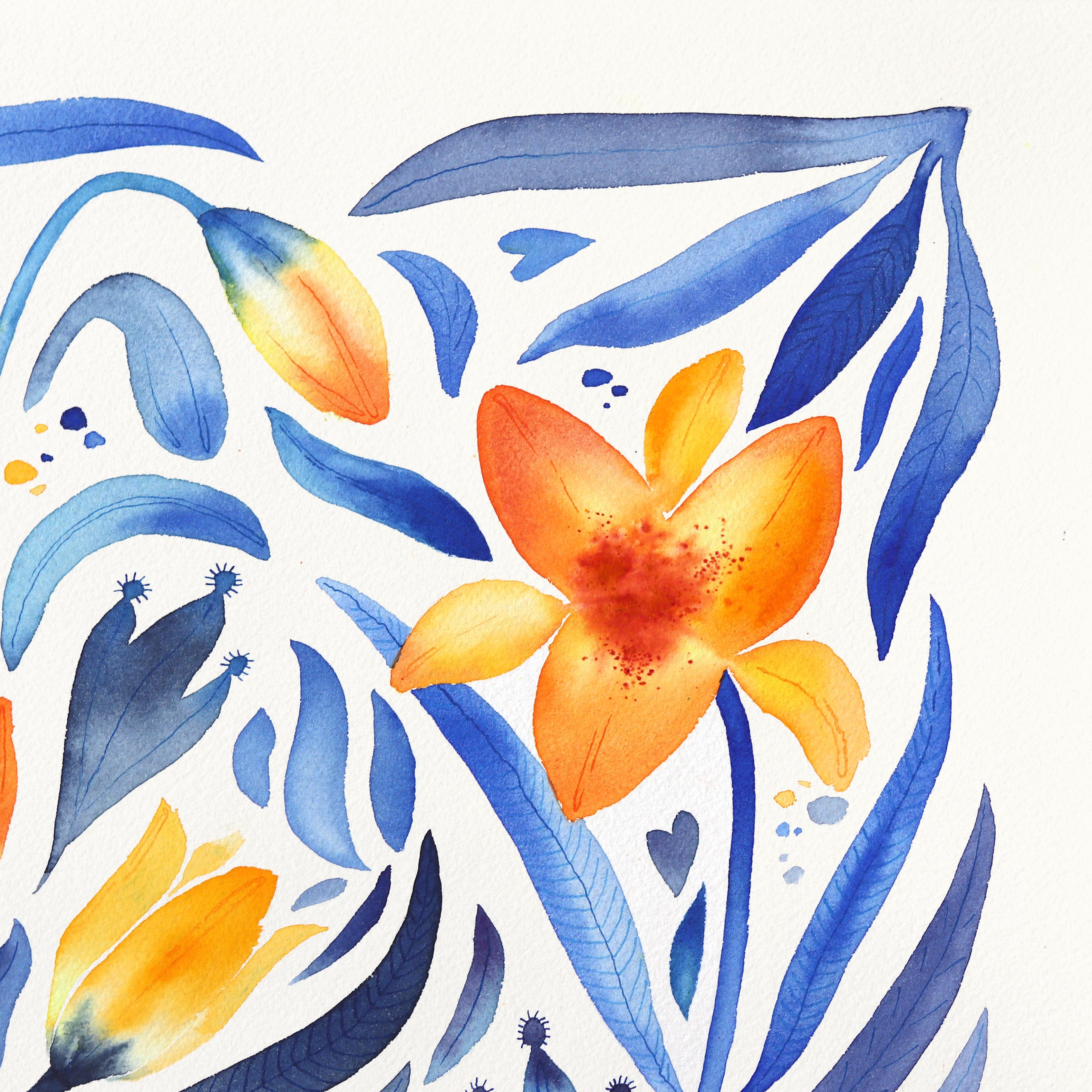 Daylily - Azul Amarillo Pintura Floral Abstracta sobre Papel - Art Contemporáneo de Xiao Wen Xu
