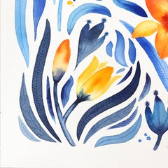 Daylily - Blue Yellow Abstract Floral Painting on Paper