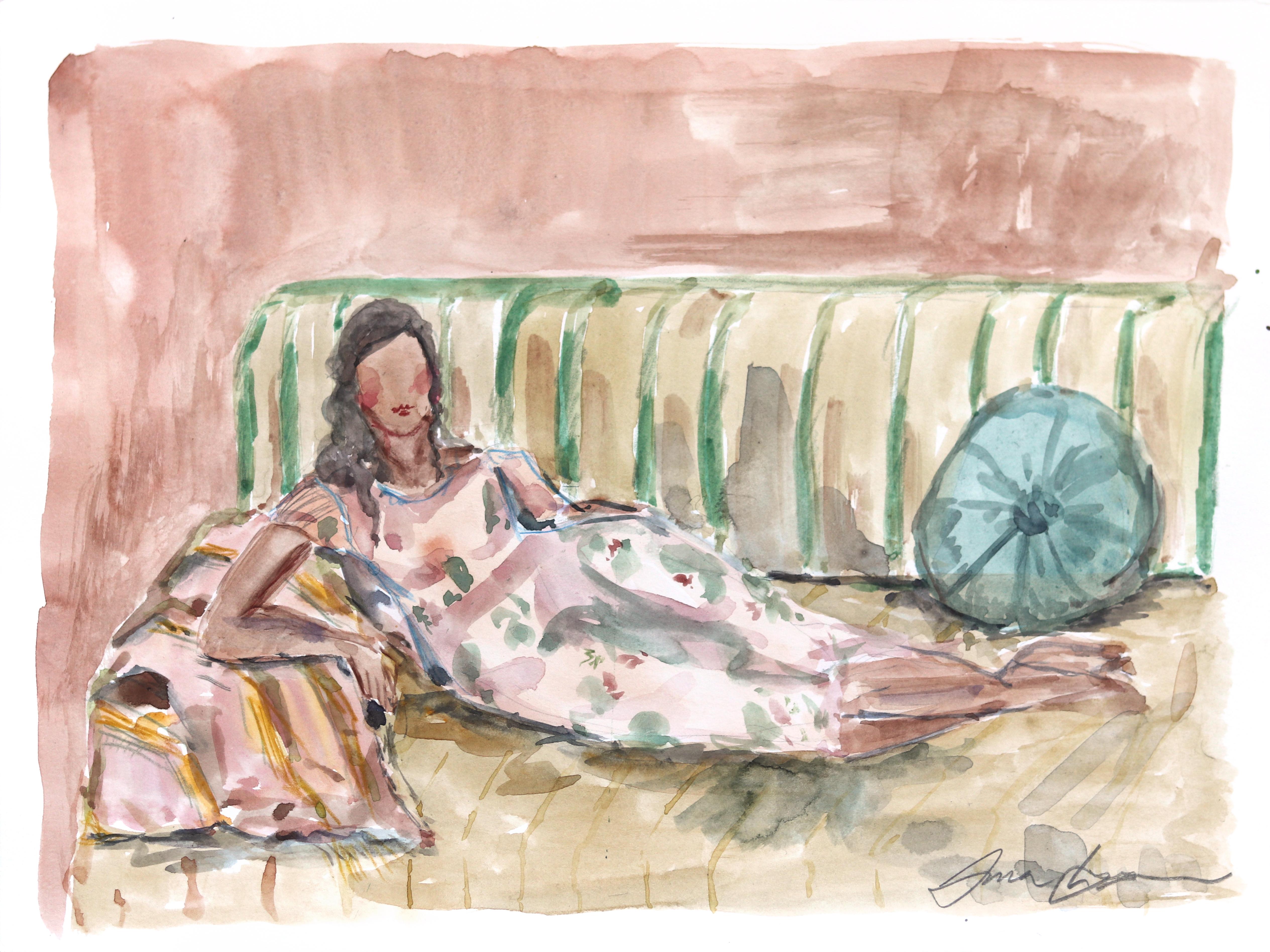 Saturday - Figuratives Aquarell-Porträtgemälde auf Papier – Art von Ama Liyanage