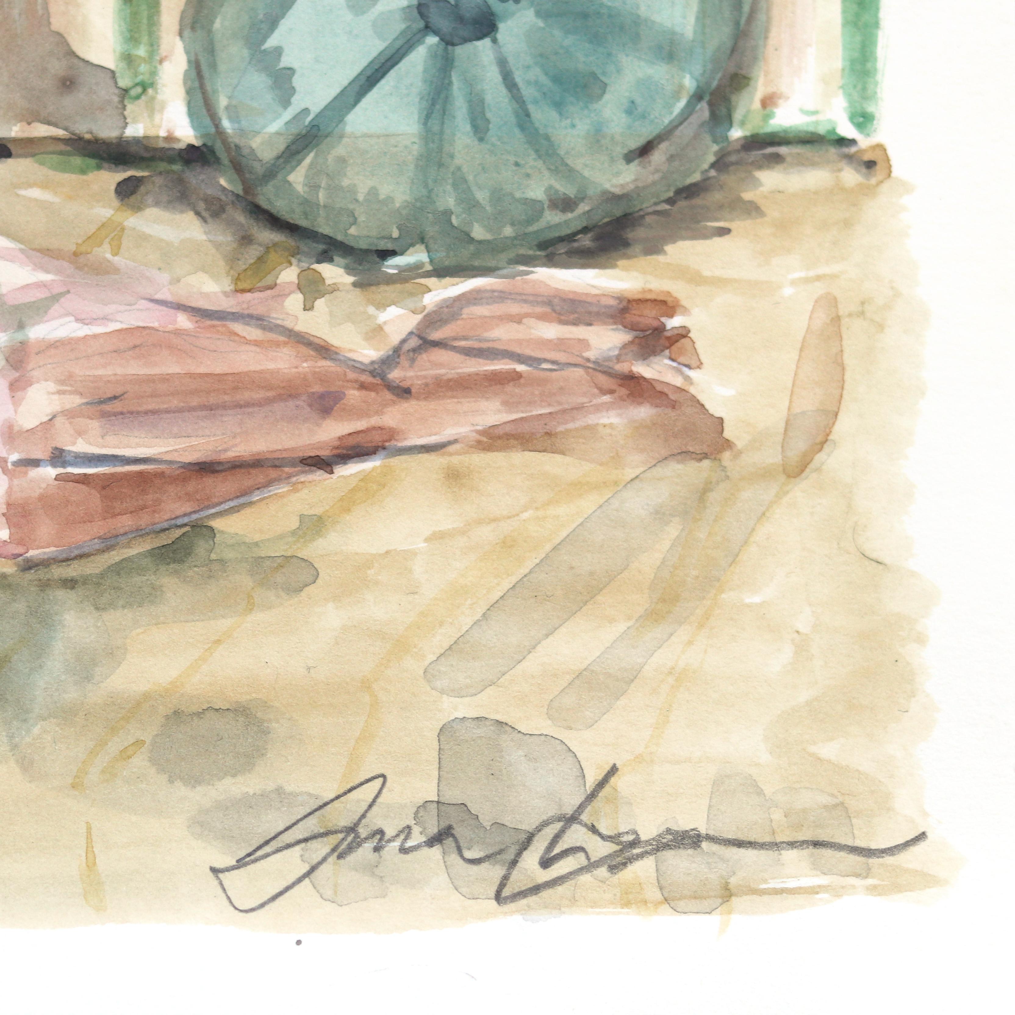Saturday - Figuratives Aquarell-Porträtgemälde auf Papier im Angebot 1
