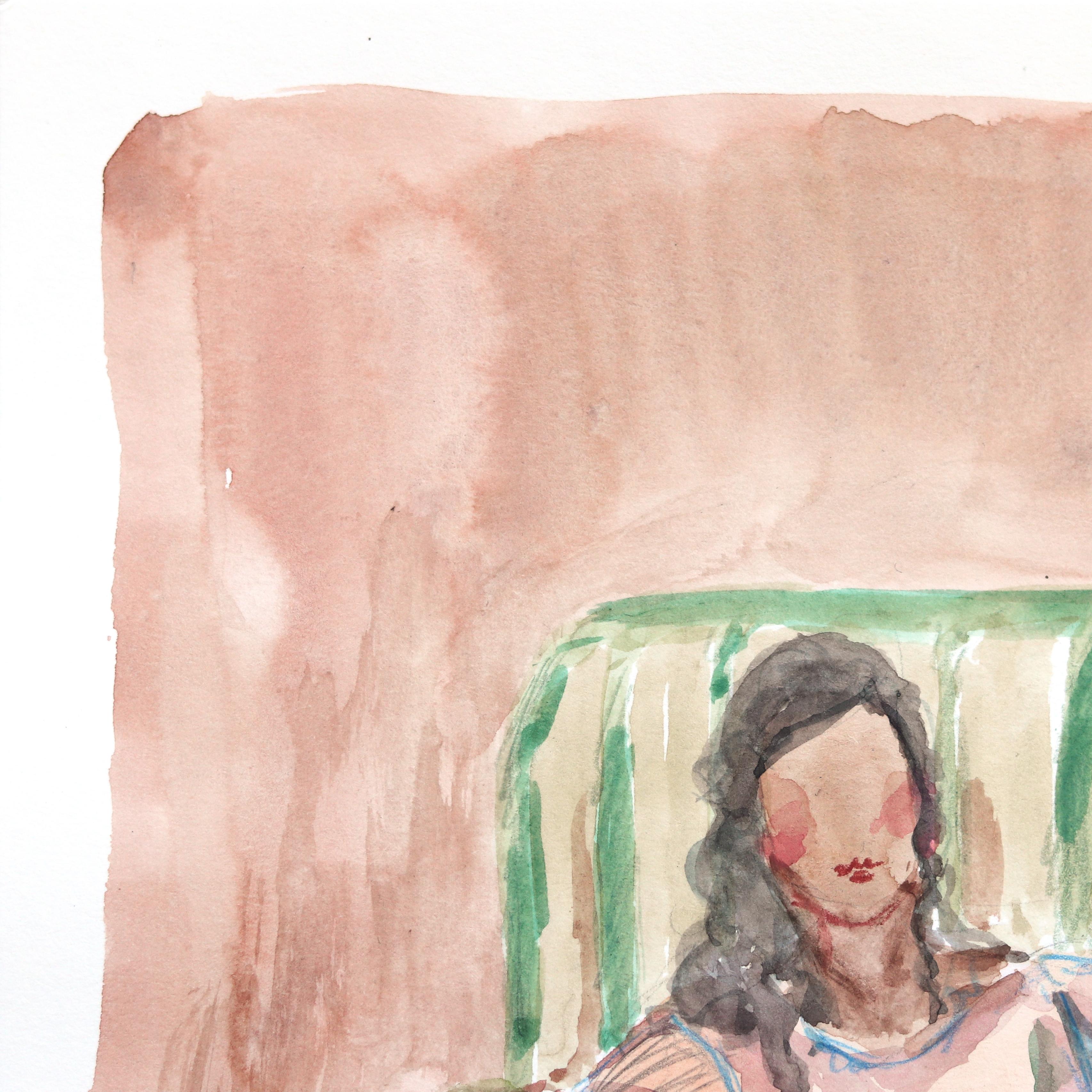 Saturday - Figuratives Aquarell-Porträtgemälde auf Papier (Beige), Figurative Art, von Ama Liyanage