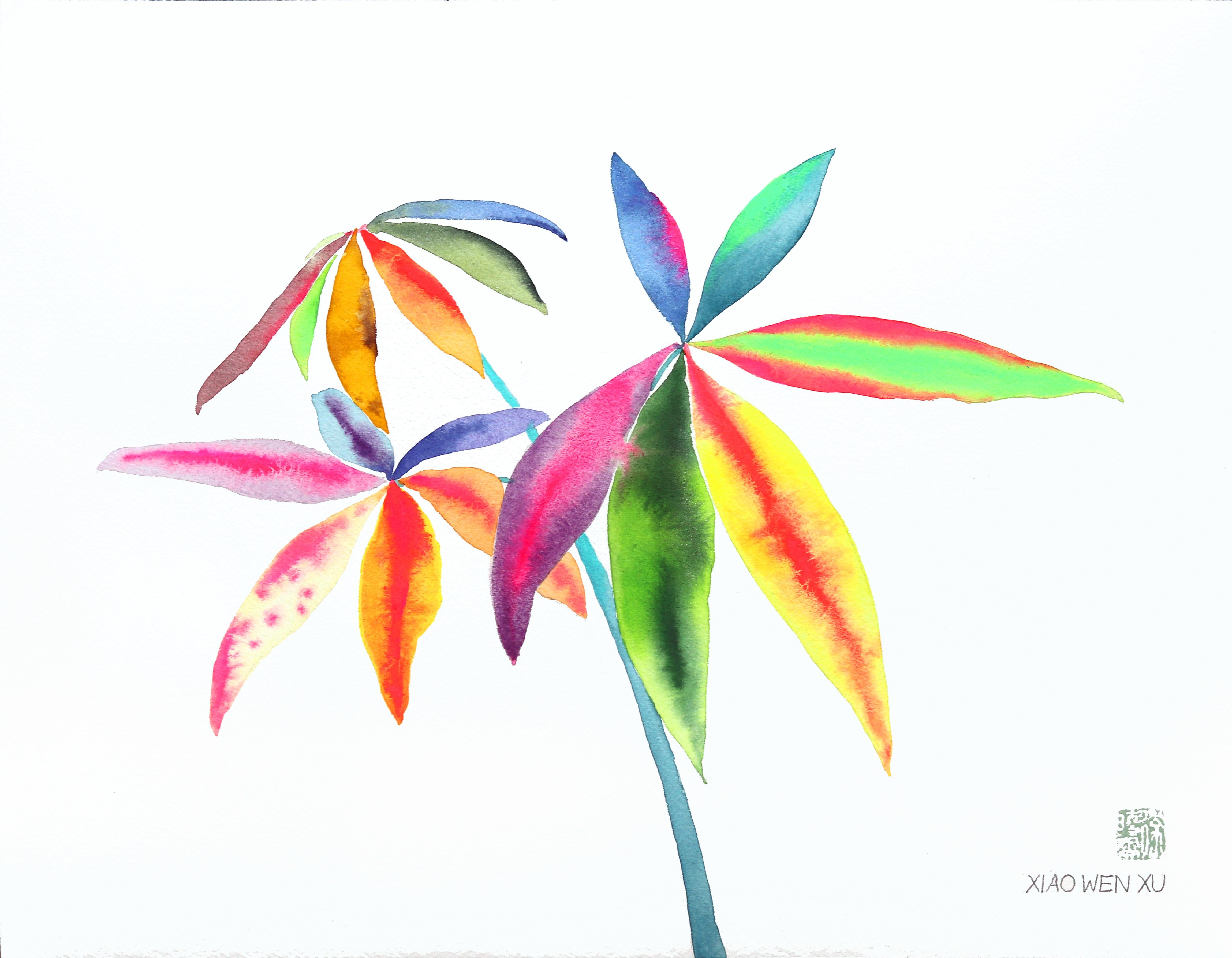Rainbowland Money Tree - Pintura sobre papel de un vibrante y colorido bodegón
