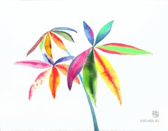 Rainbowland Money Tree - Pintura sobre papel de un vibrante y colorido bodegón