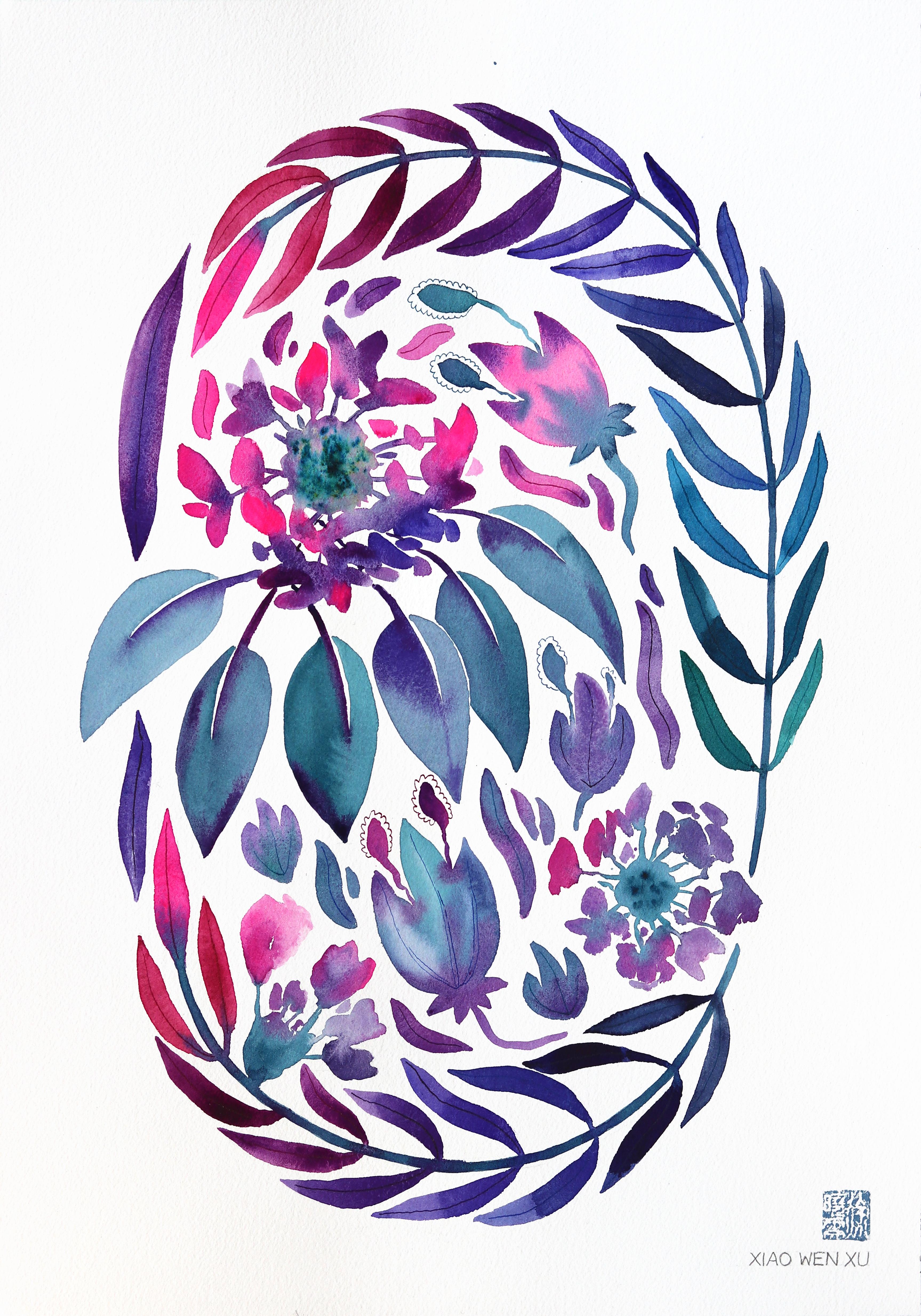 Hortensia - Púrpura Azul Pintura Floral Abstracta sobre Papel - Mixed Media Art de Xiao Wen Xu