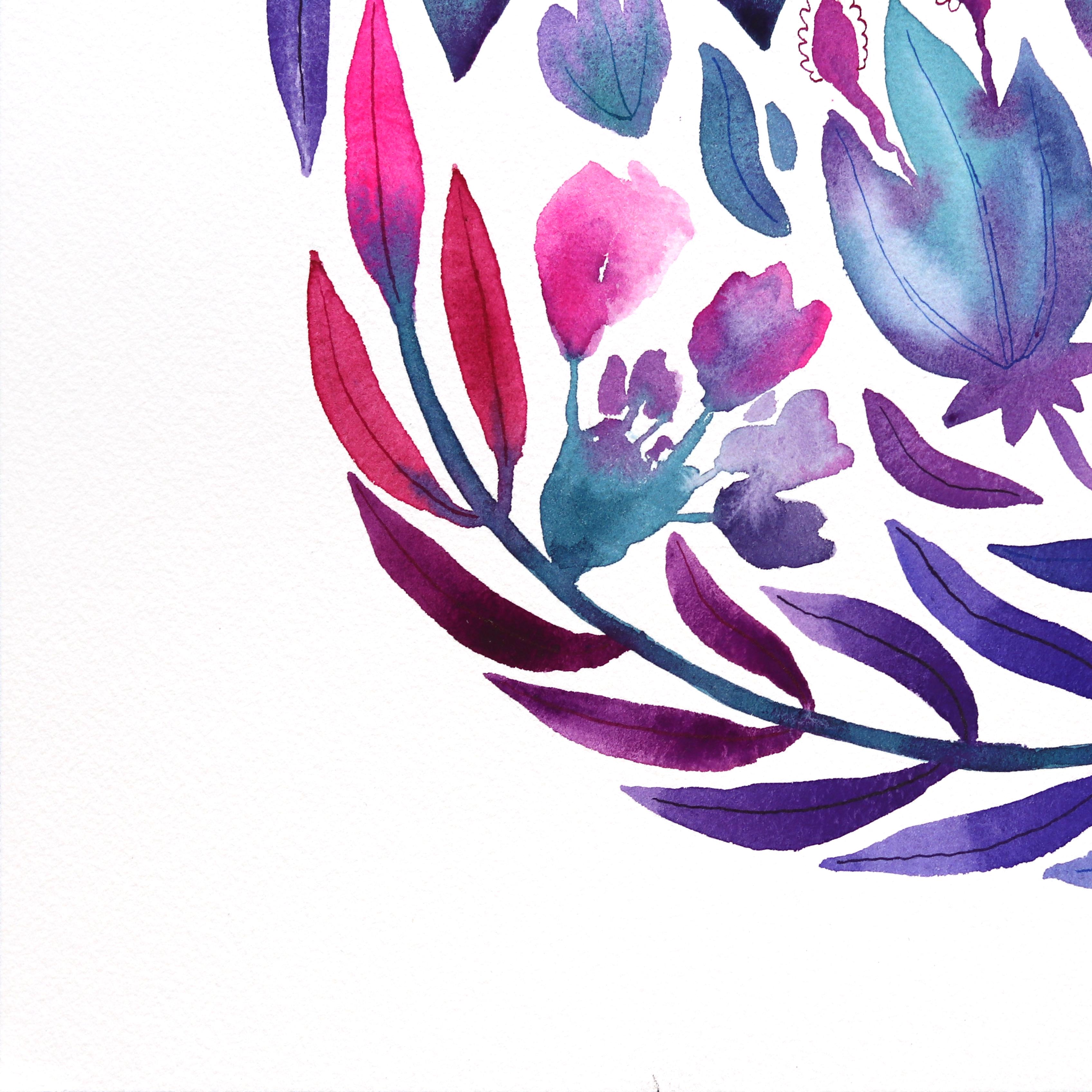 Hortensia - Púrpura Azul Pintura Floral Abstracta sobre Papel - Mixed Media Art Contemporáneo de Xiao Wen Xu