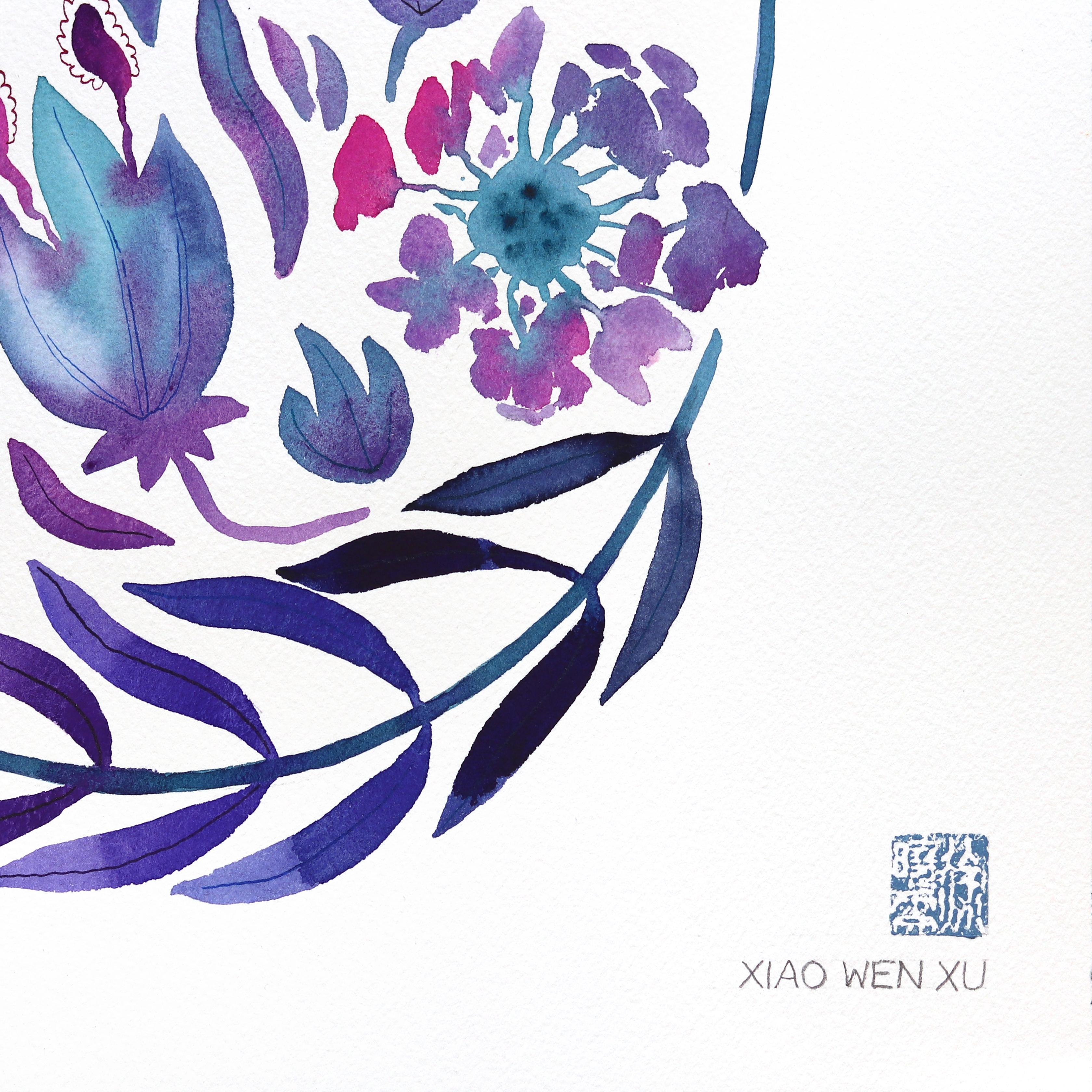 Hortensia - Púrpura Azul Pintura Floral Abstracta sobre Papel en venta 2