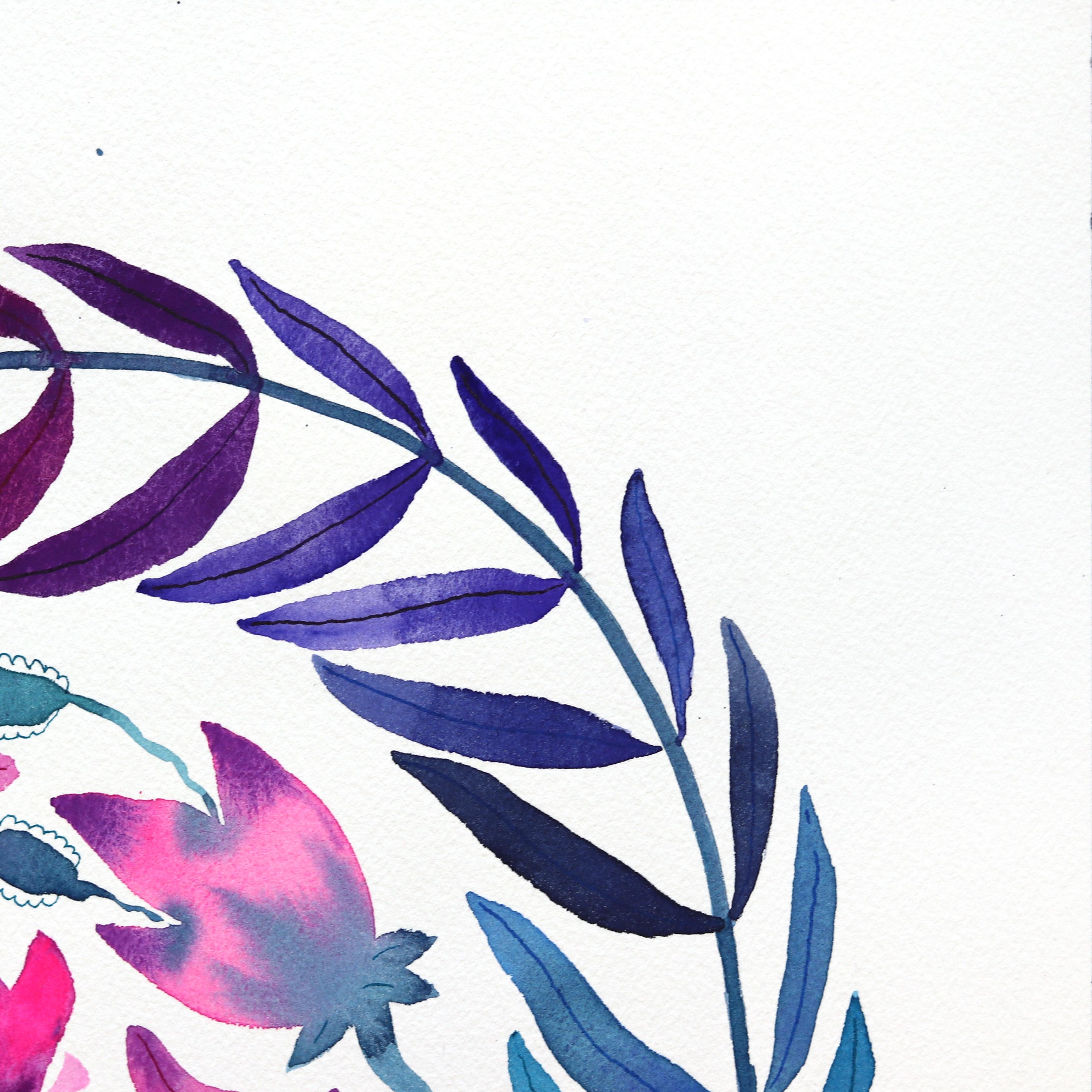 Hortensia - Púrpura Azul Pintura Floral Abstracta sobre Papel en venta 1