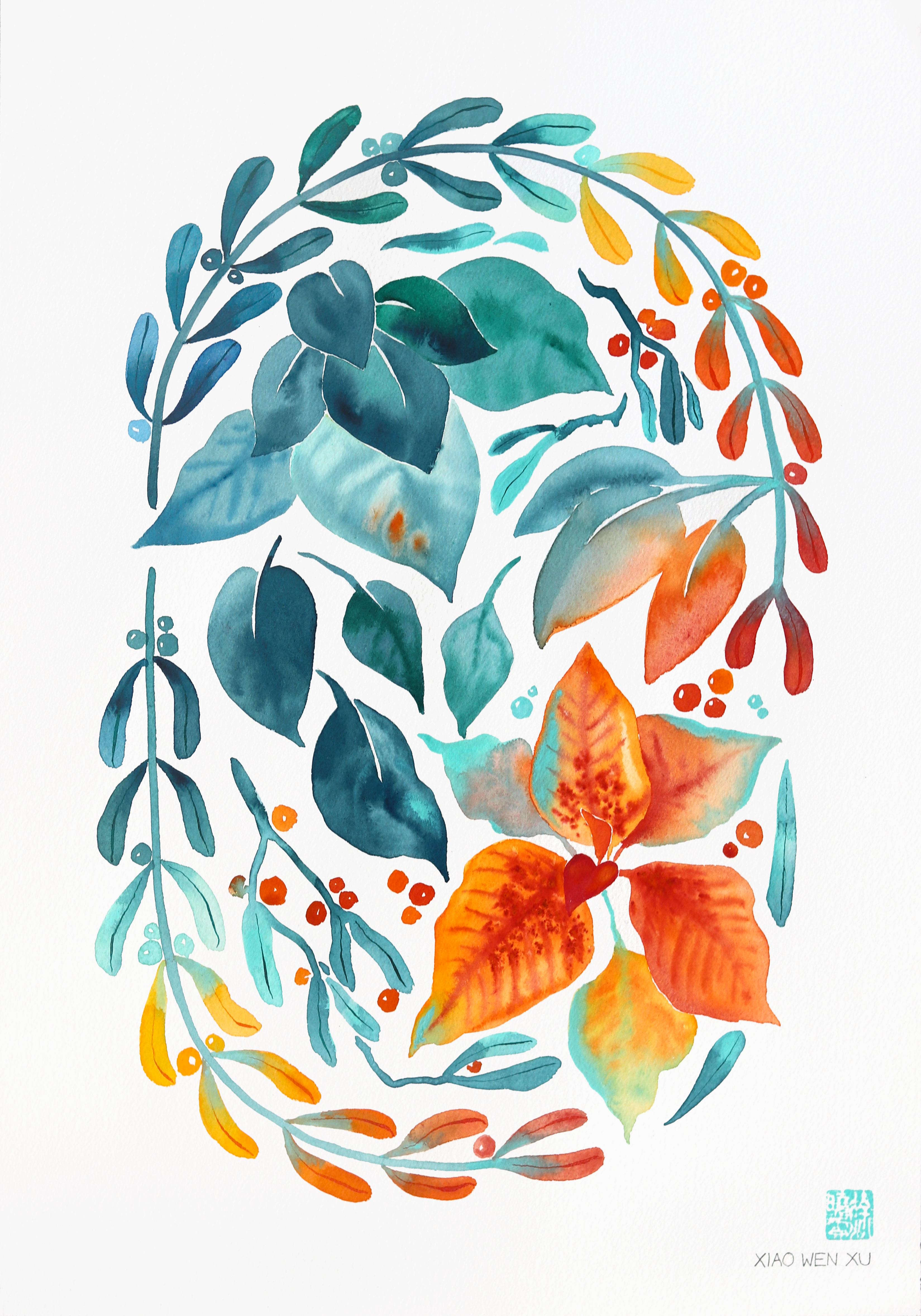 Poinsettia - Pintura Floral Abstracta Azul Naranja sobre Papel