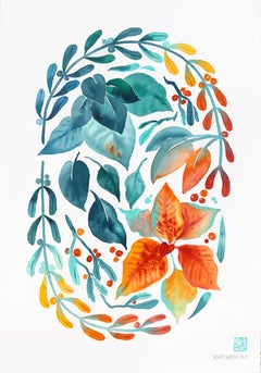Stella di Natale - Pittura floreale astratta blu-arancio su carta